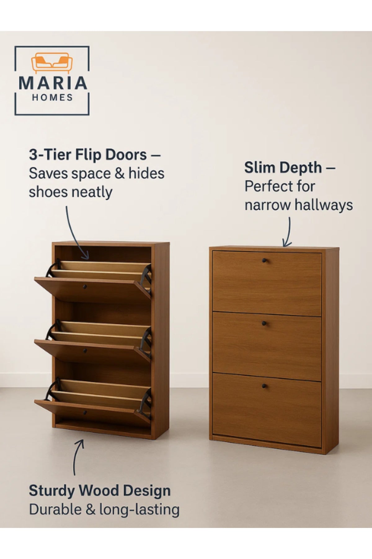 Brown Wooden Shoe Cabinet Ð 3 Tier Flip Drawer Shoe Storage 62_25_120 cm