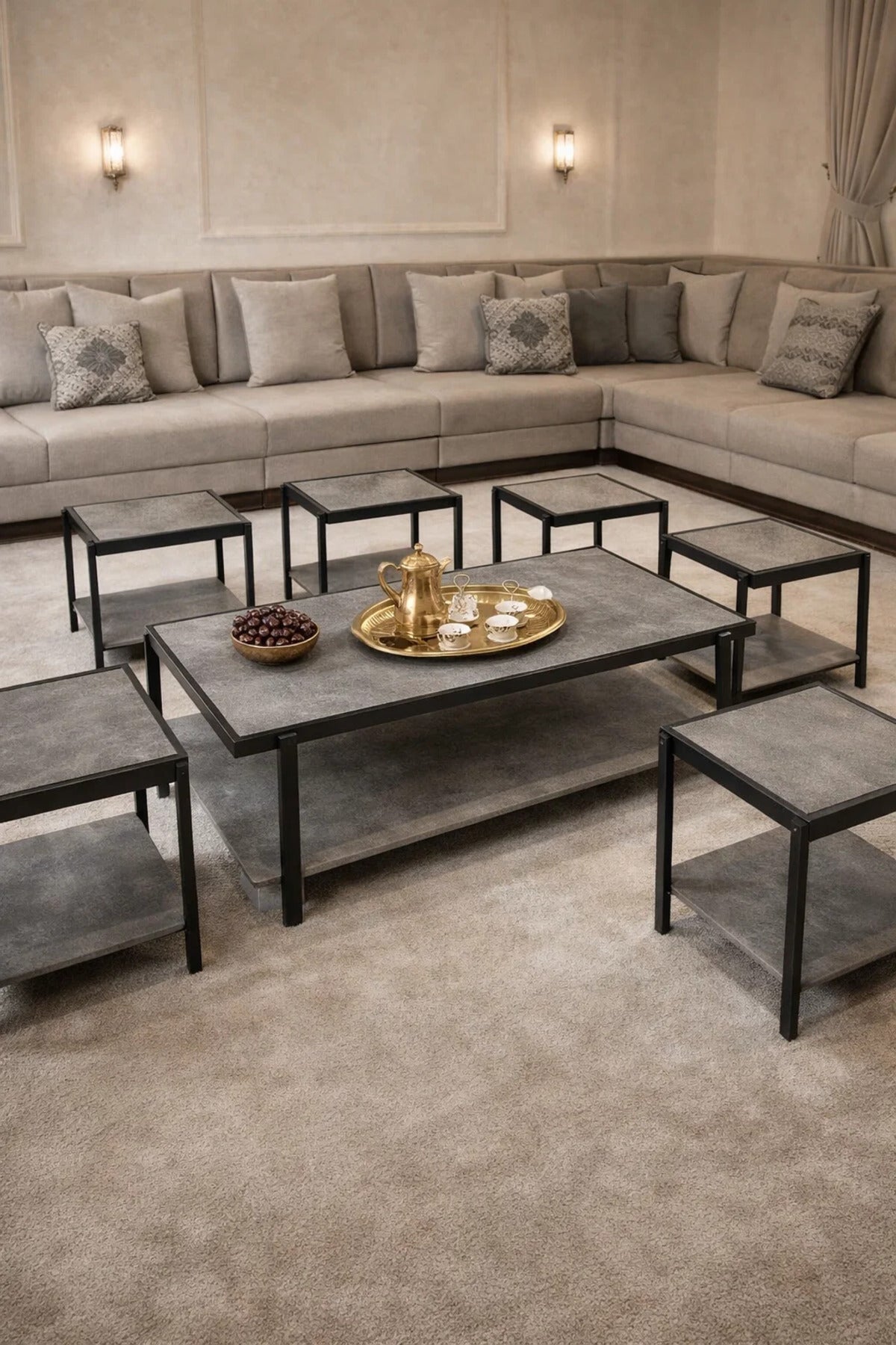 Modern Grey Coffee Table Set with 6 Side Tables and Shelf modern grey coffee Center