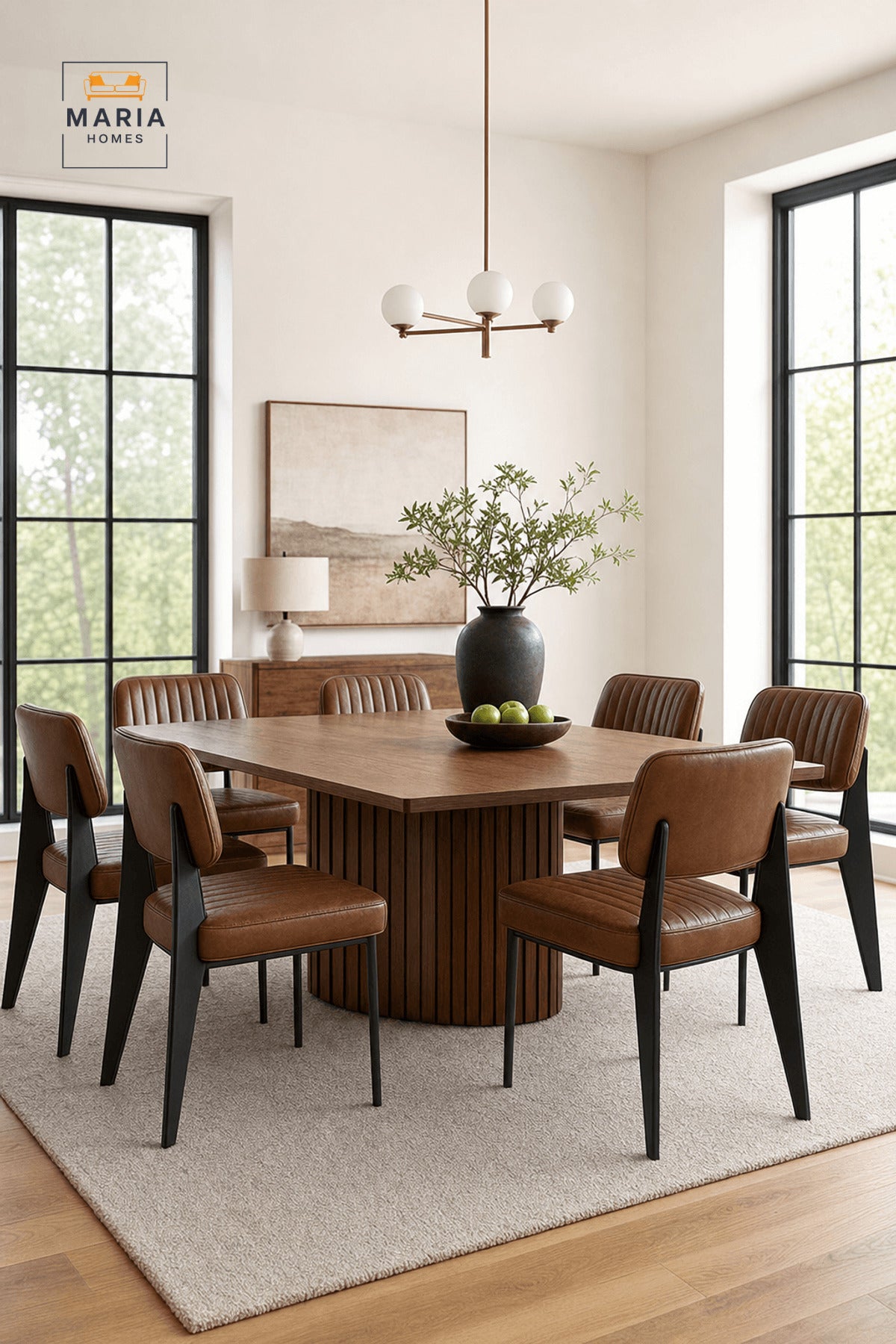 Brown Padded Dining Chair with Upholstered Seat, Ribbed Backrest and Black Metal Legs
