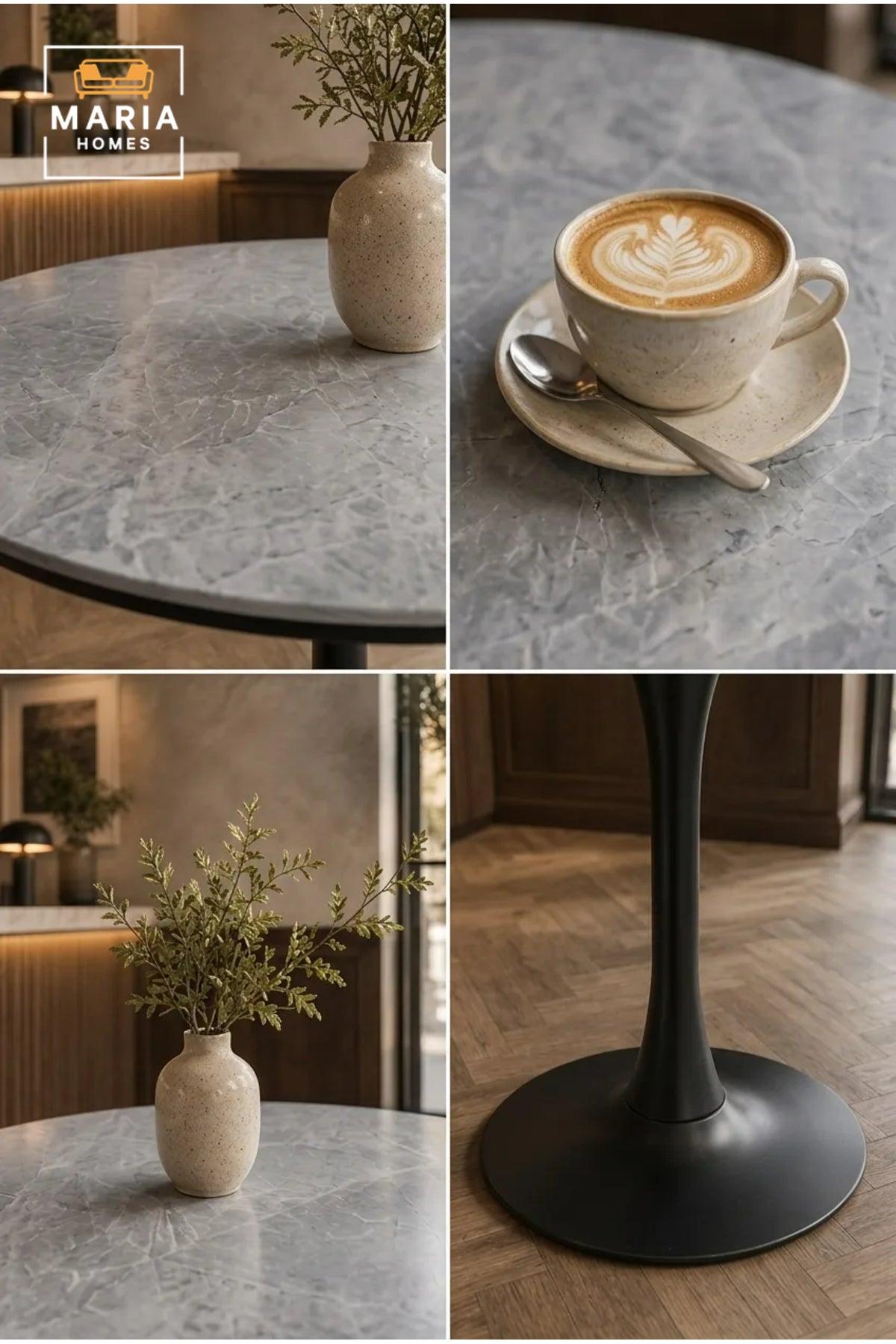 Modern Round Dining Table 70cm Grey Marble-Effect Top with Black Pedestal Base √ê Contemporary Bistro & Caf≈Ω Table