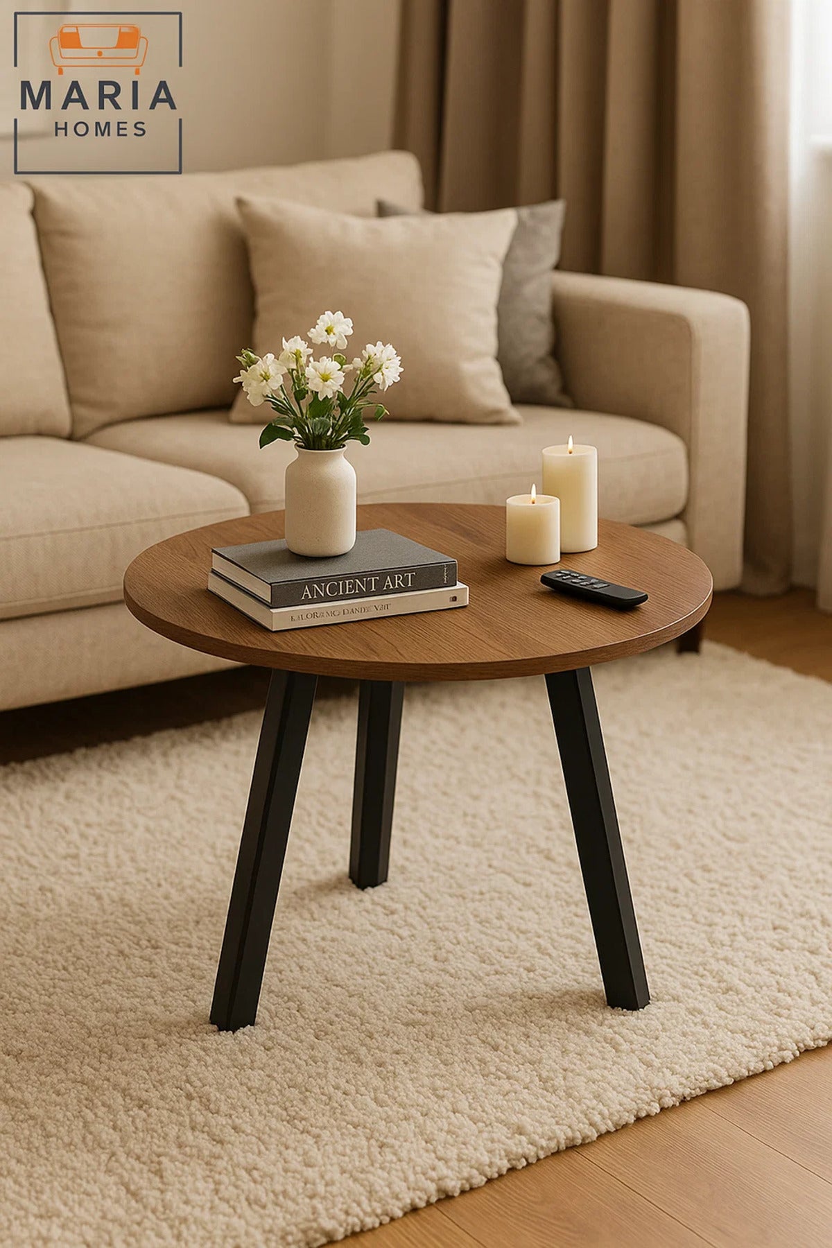 Minimalist Round Side Table with Wooden Top and Sturdy Black Legs