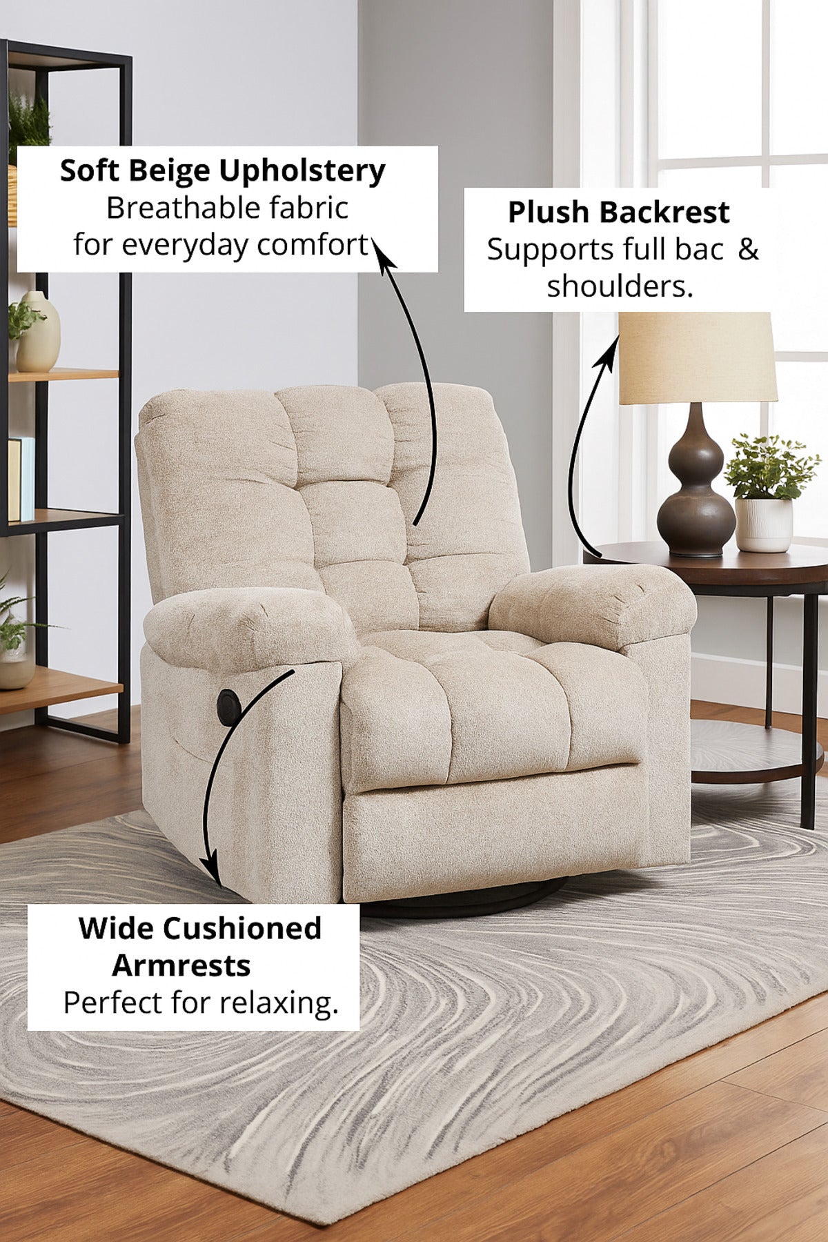 Beige Fabric Recliner Chair with Swivel, Rocking & Footrest Ð Cozy Lounge Seating