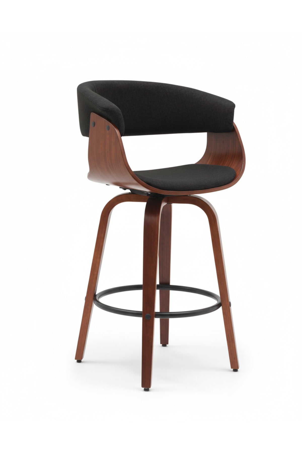 Black Swivel Bar Stool with Curved Wood Backrest, Upholstered Seat, Metal Footrest for Kitchen
