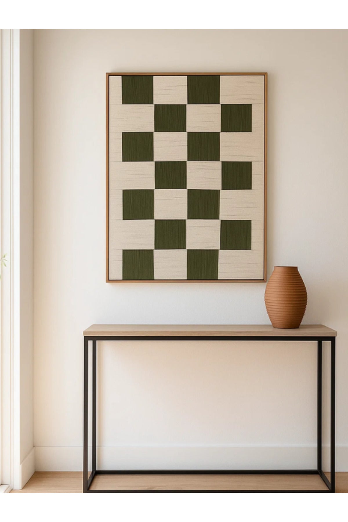 Modern Geometric Wall Art Ð 120_80 cm Beige and Green Checkered Framed Canvas DŽcor