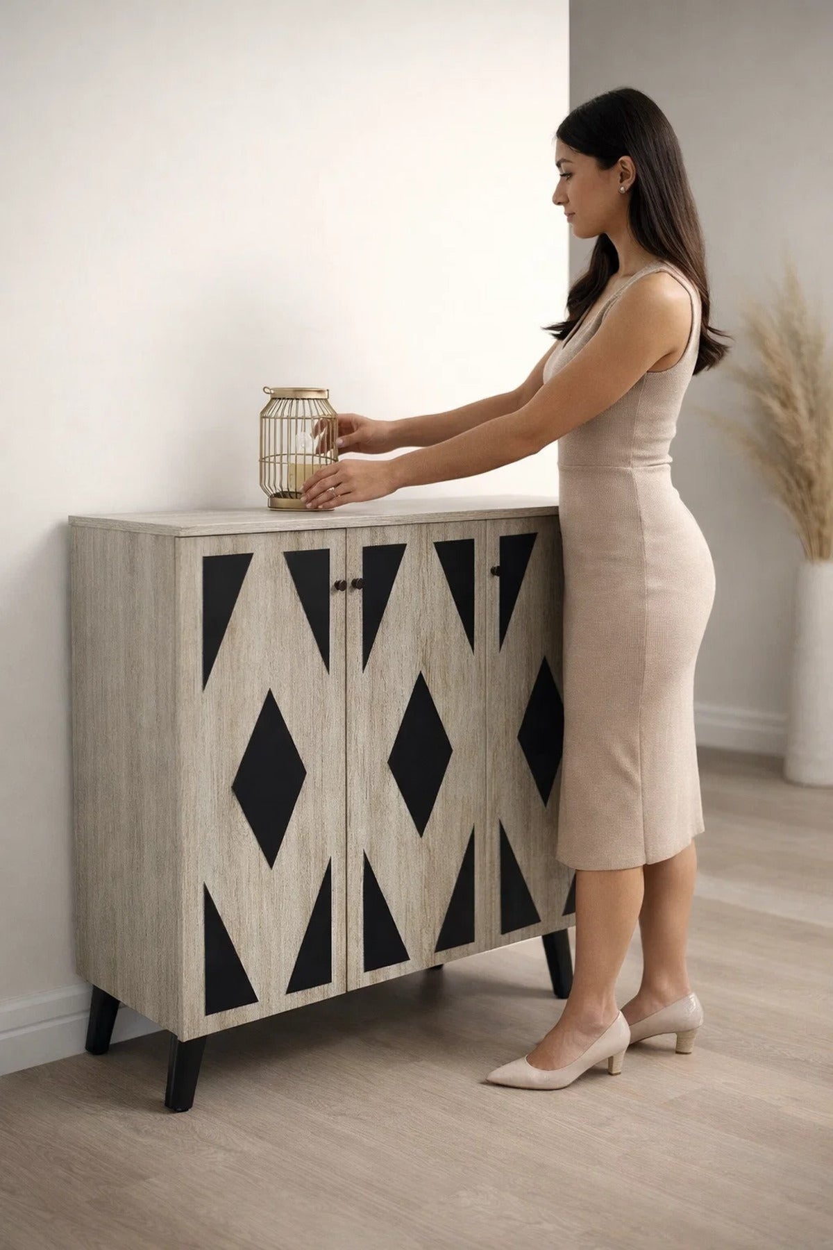 Modern 3-Door Shoe Cabinet Beige Wood Black Diamond Pattern Geometric Entryway Organizer Stand