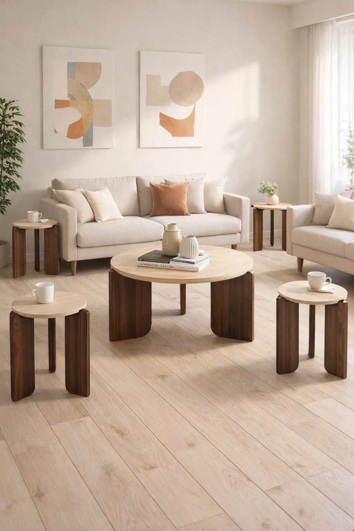 Stylish 1+4 Coffee Table Set Modern Wooden Round Center Table and Nesting Stands Living Room