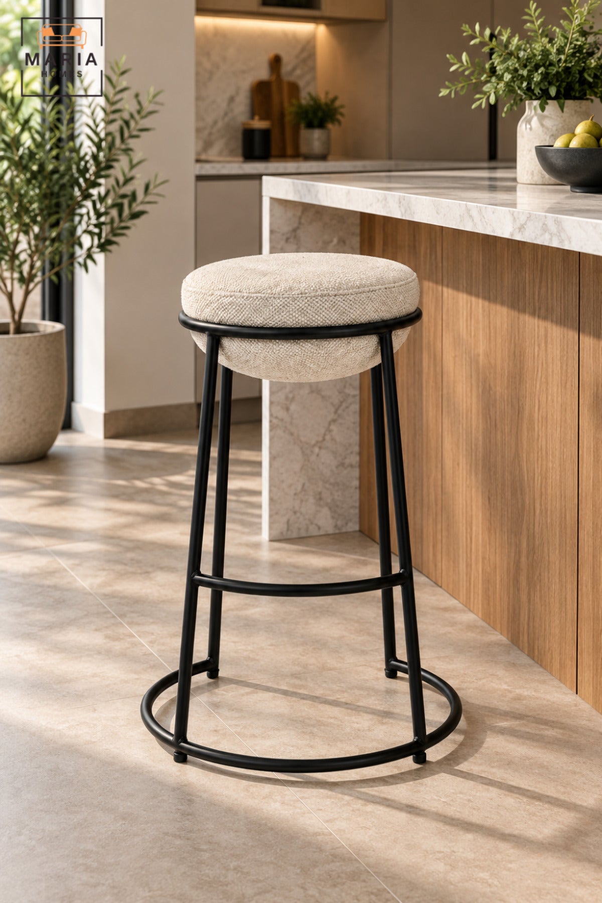 Modern Round Bar Stool with Padded Fabric Seat & Circular Footrest | Beige Upholstered High Counter Chair with Slim Black Frame for Kitchen and Café 70x33 cm