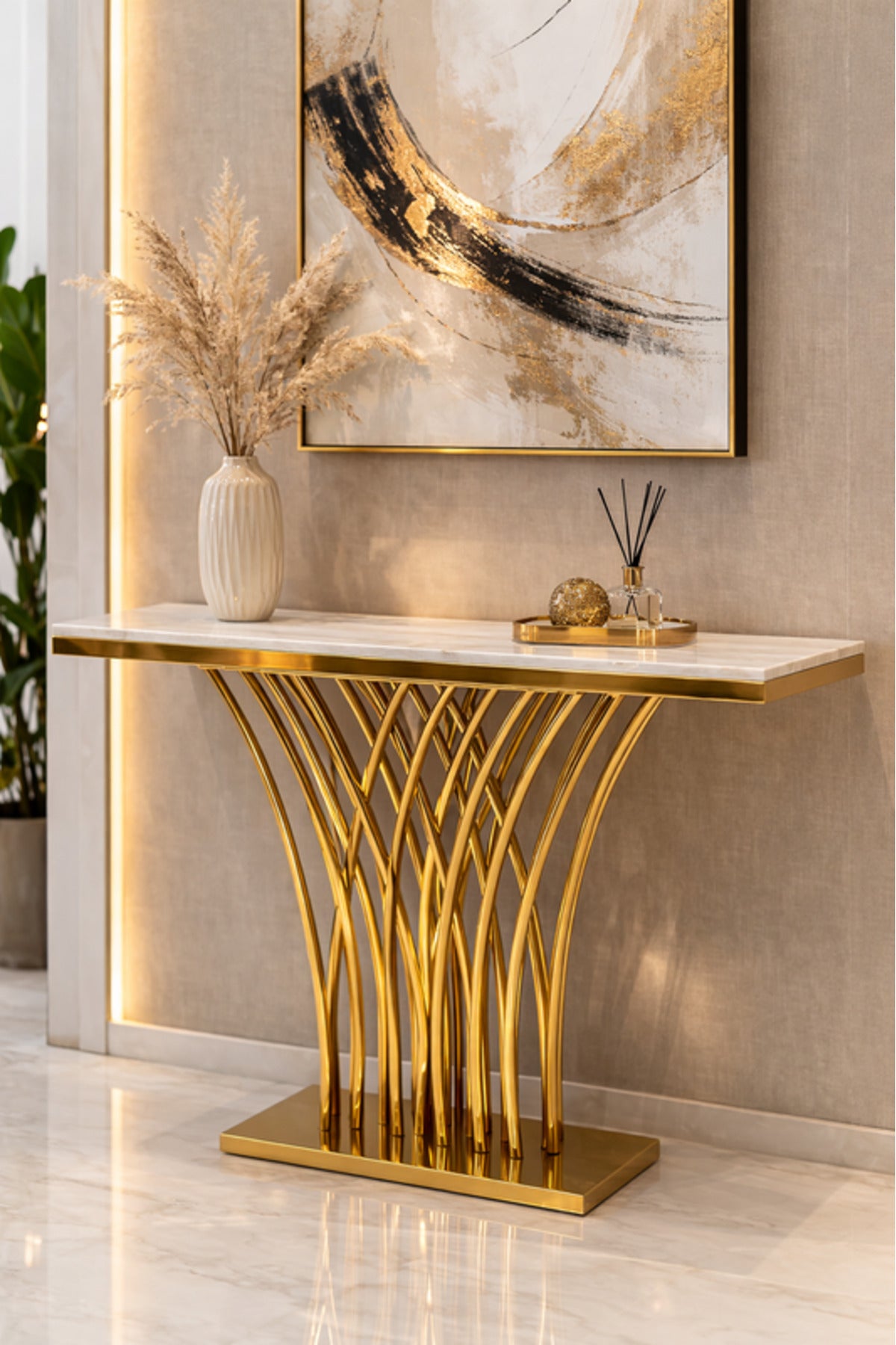 Gold Stainless Steel Console Table with Marble Top 140_40 cm Modern Entryway gold