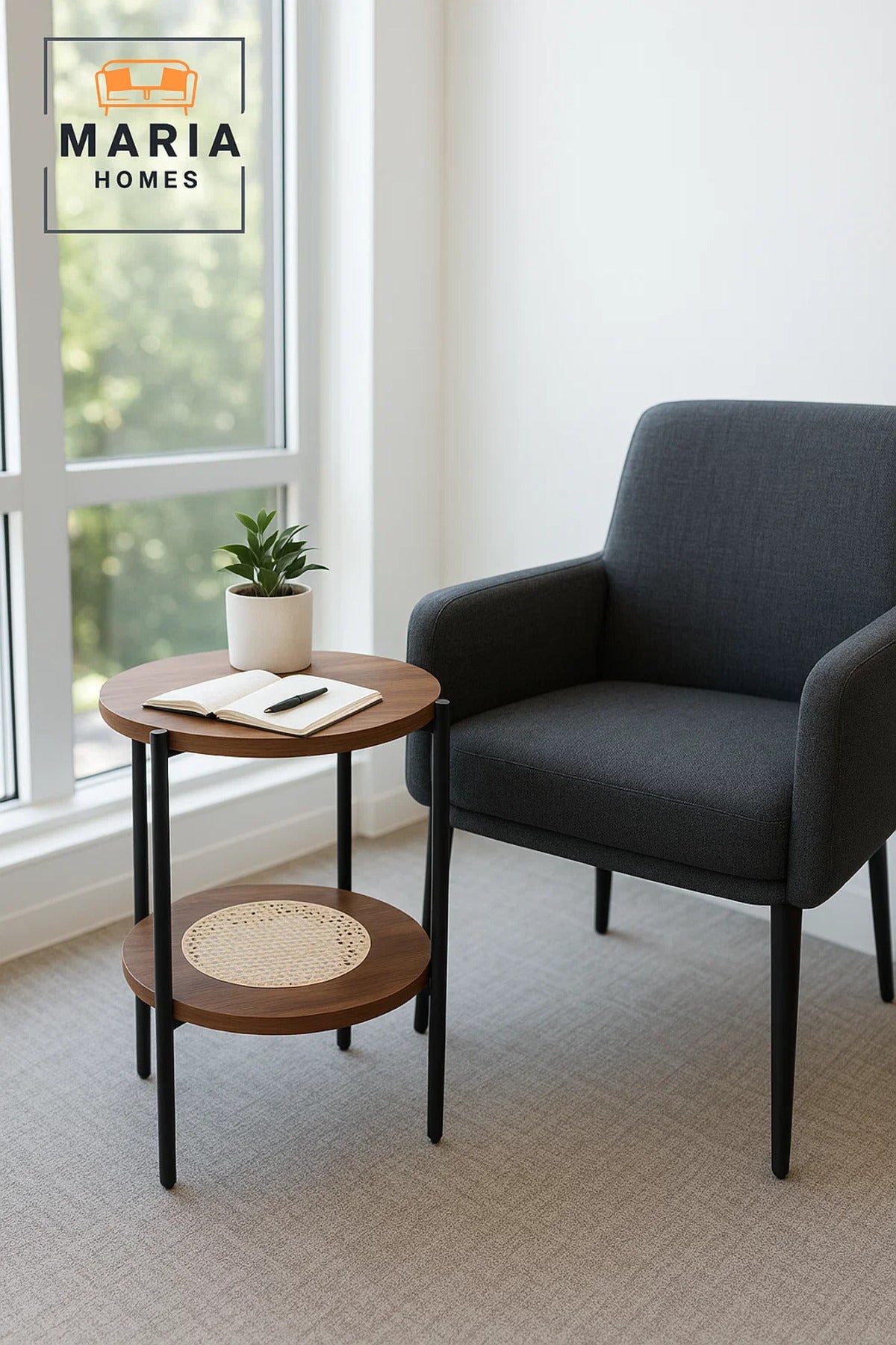 Modern Brown Side Table √ê Round Coffee Table with Rattan Storage Shelf 40_40_55 cm