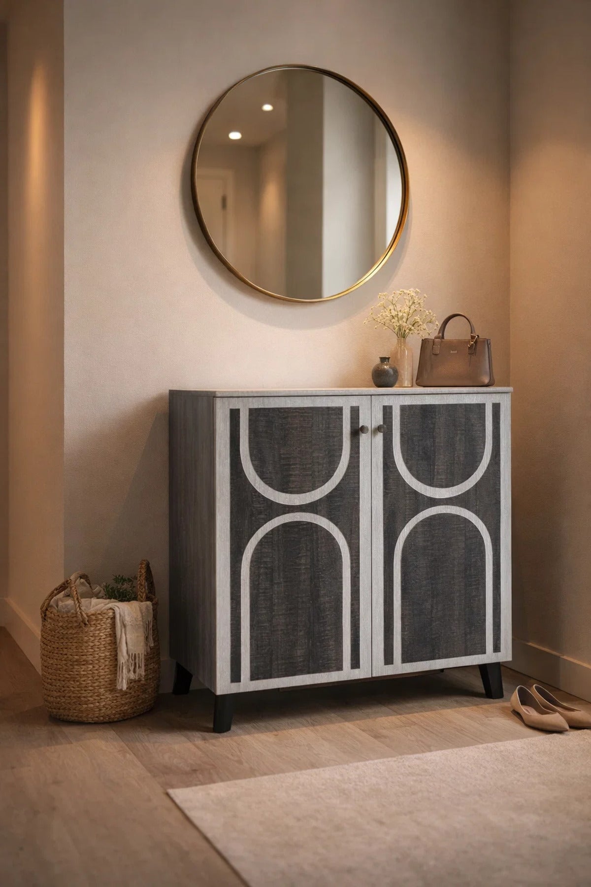 Stylish Grey Shoe Cabinet with Geometric Arch Design Modern Entryway Organizer 2-Door Unit