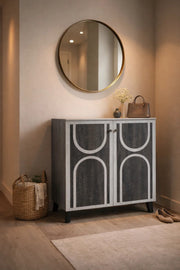 Stylish Grey Shoe Cabinet with Geometric Arch Design Modern Entryway Organizer 2-Door Unit
