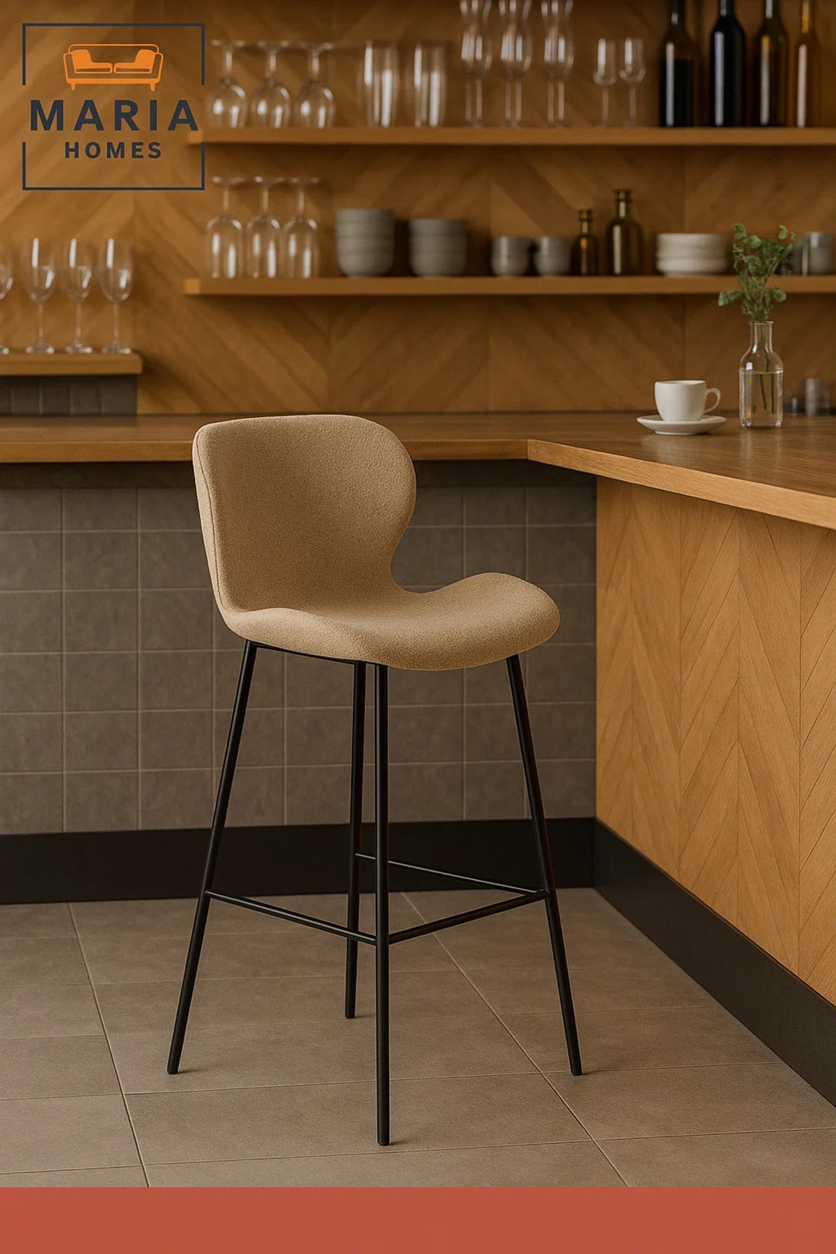 Beige Curved-Back Bar Stool with Black Metal Legs