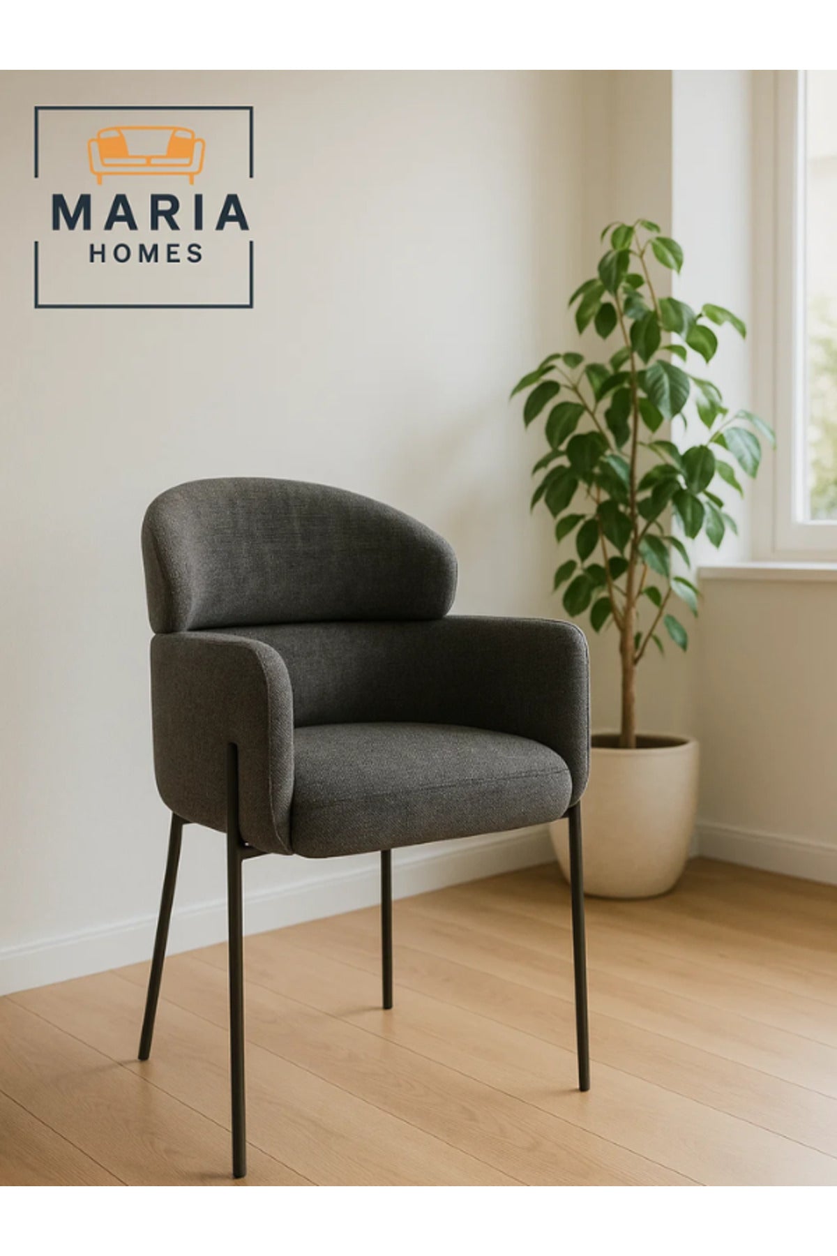Modern Dark Gray Upholstered Dining Chair √ê Padded Seat & Back with Black Metal Legs
