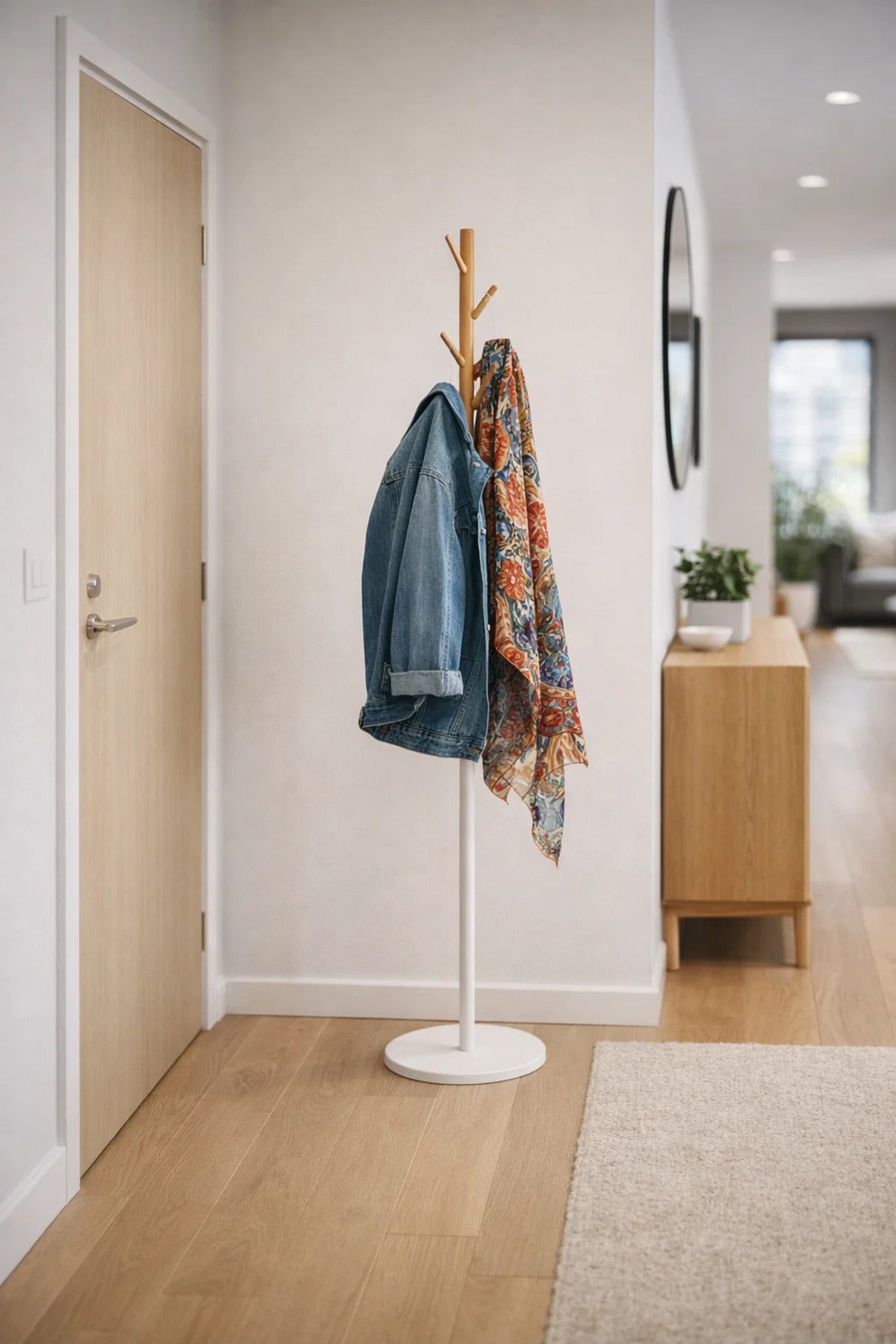 Modern Two Tone White and Wood Coat Hanger Stand for Hallway Living Room and Office Entrance Decor