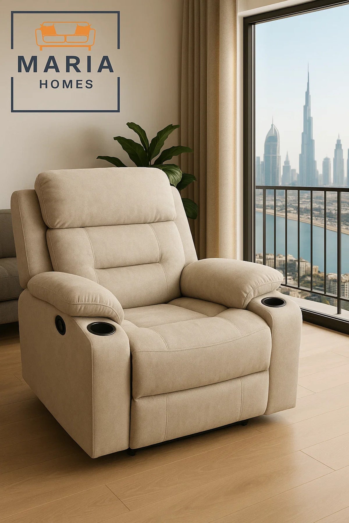 Beige Recliner Armchair with Cup Holders Ð Soft Fabric Reclining Chair for Living Room Relaxation