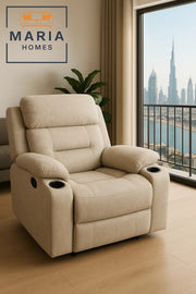 Beige Recliner Armchair with Cup Holders Ð Soft Fabric Reclining Chair for Living Room Relaxation