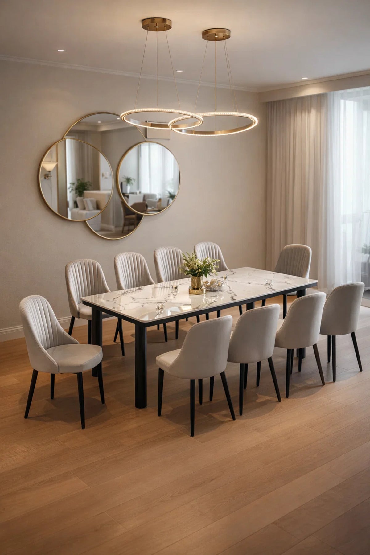 Luxury 11-Piece Dining Set featuring Marble Finish Table and Ten Grey Velvet Upholstered Chairs