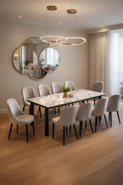 Luxury 11-Piece Dining Set featuring Marble Finish Table and Ten Grey Velvet Upholstered Chairs