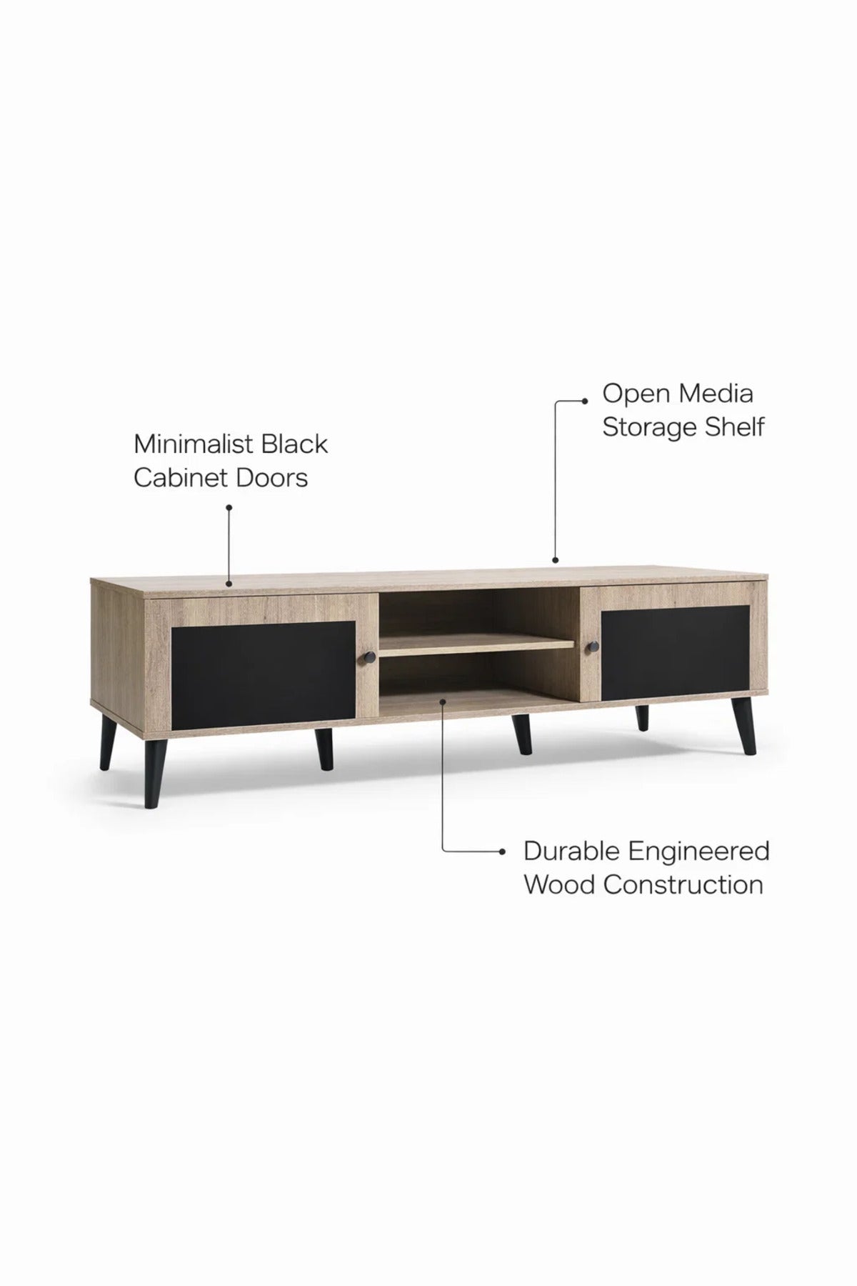 Modern 180cm Wide TV Stand Unit Beige Wood Black Doors Media Console Table with Storage Shelves