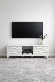 Modern White TV Unit 160cm Entertainment Center with 3D Wave Pattern Doors for Living Rooms
