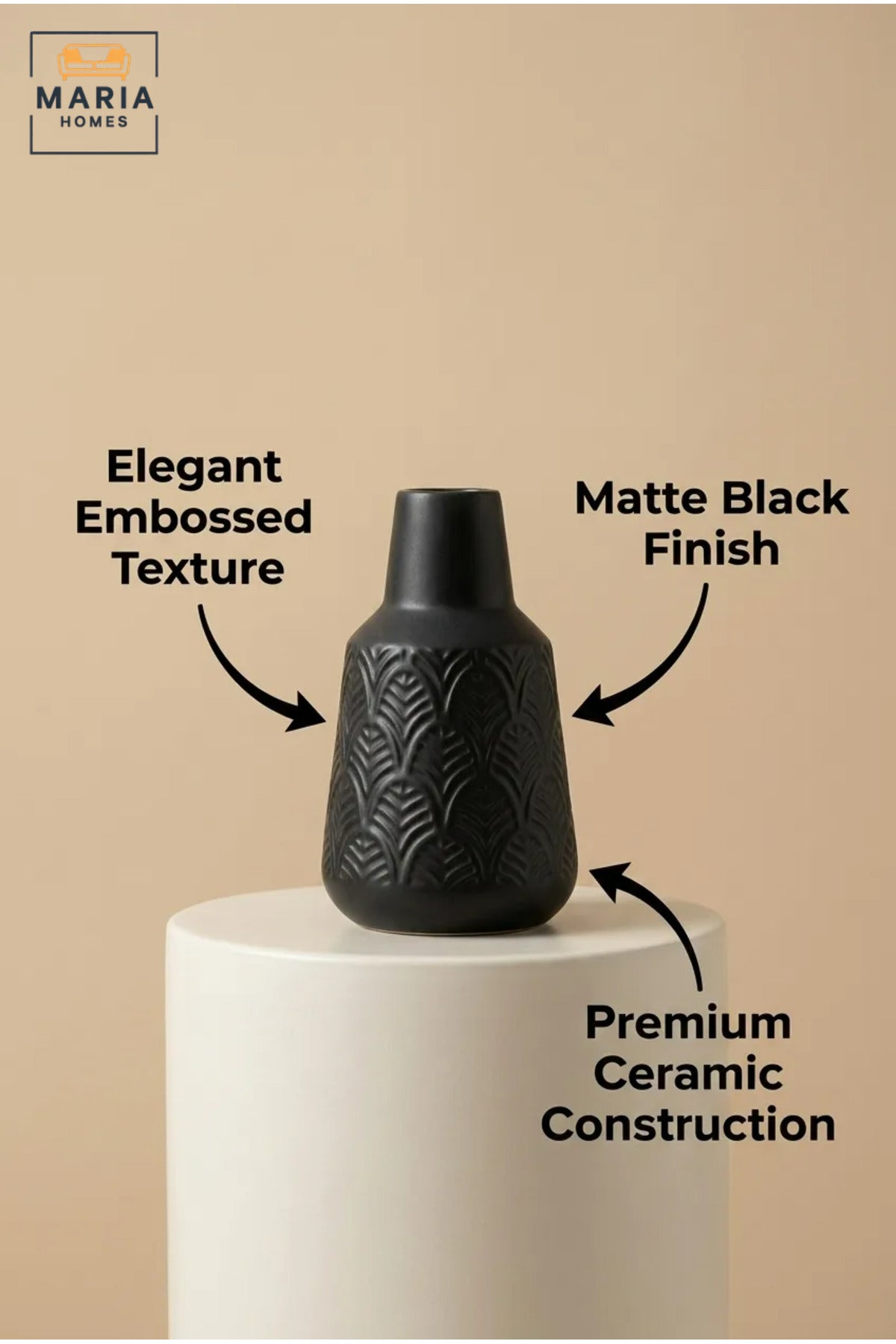 Modern Black Ceramic Decorative Vase with Textured Finish, Small Flower Vase for Living Room, Dining Table, Shelf & Home Décor