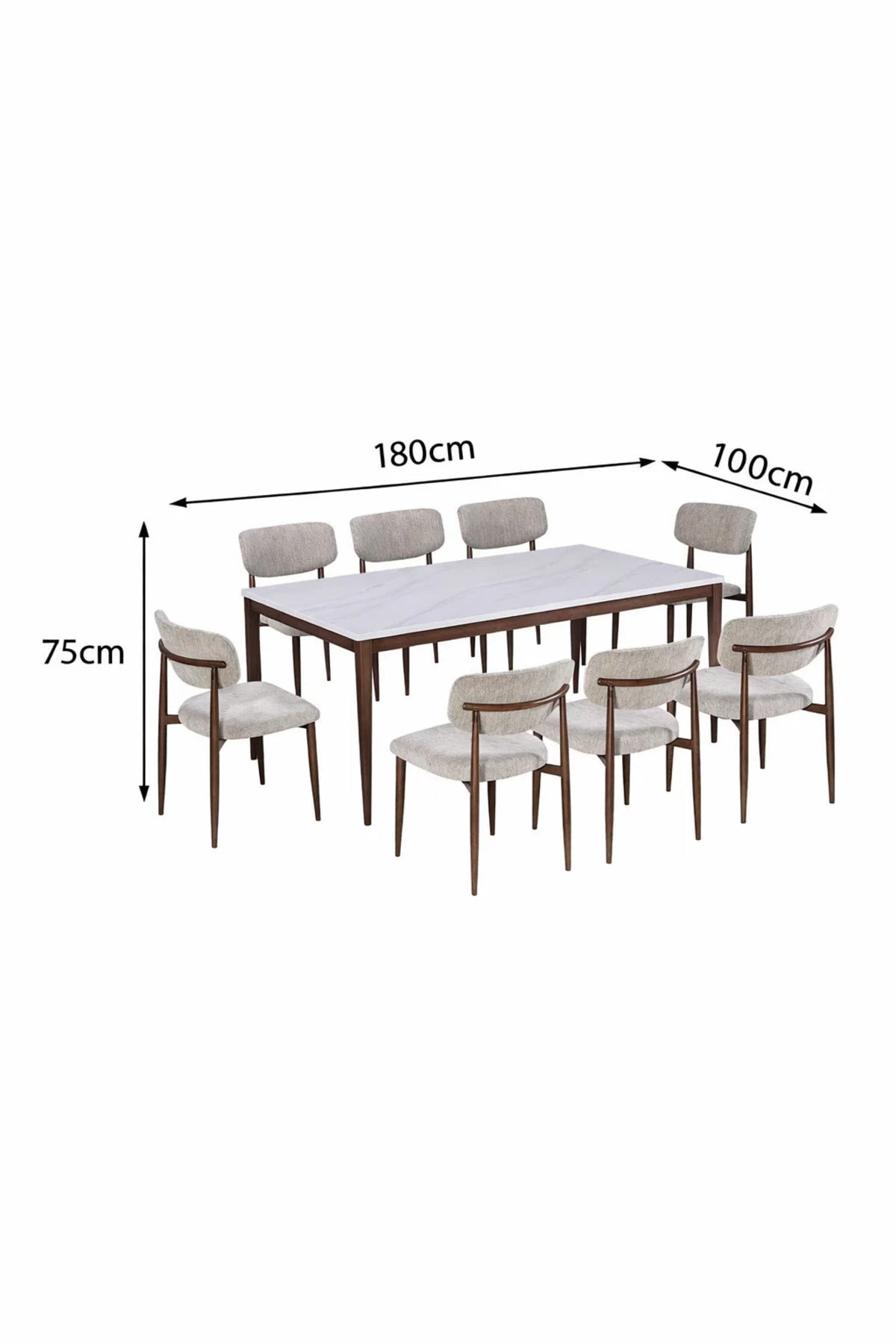 Elegant 8-Person Dining Table Set White Marble Pattern Top with Beige Fabric Wooden Chairs