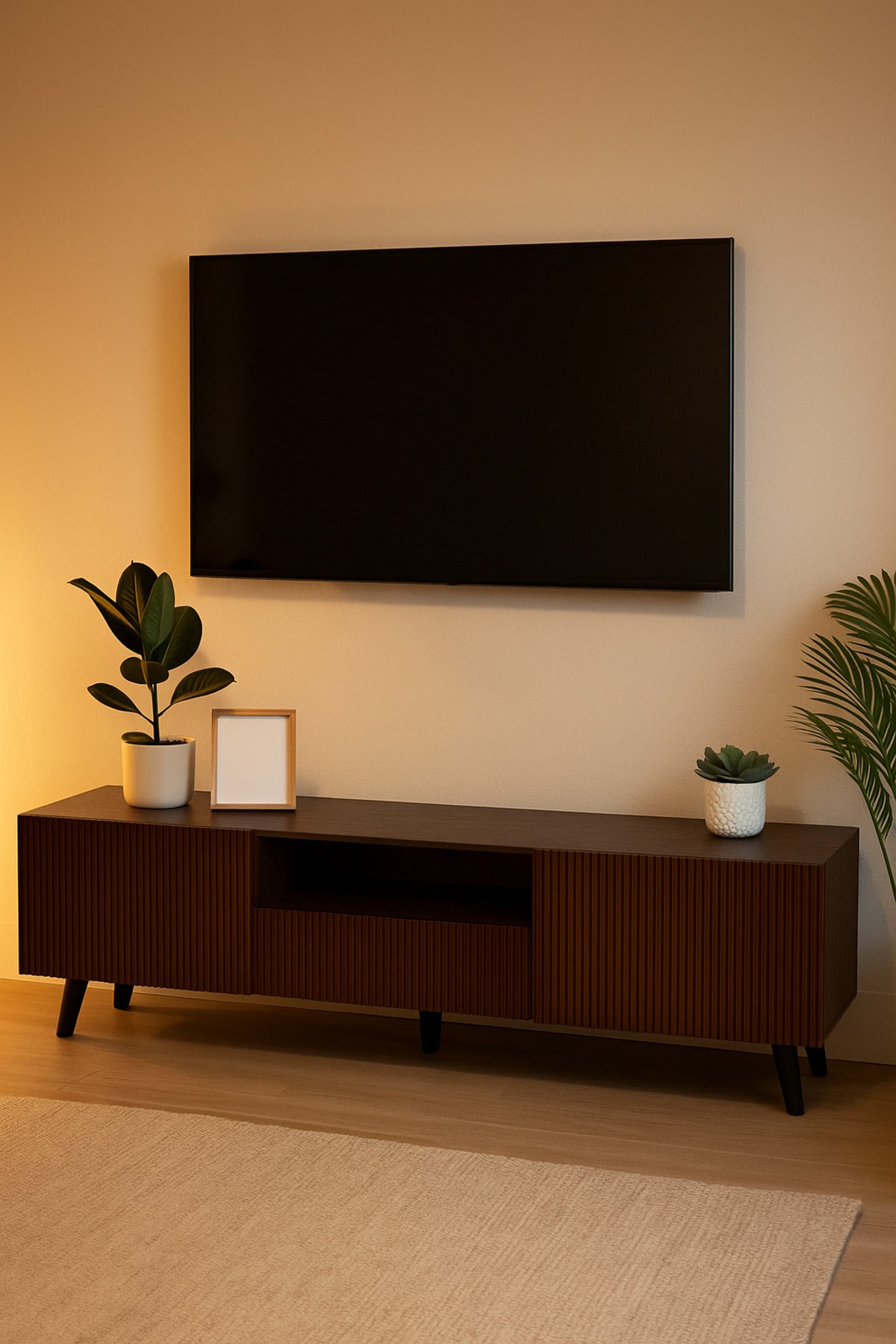 Brown Wooden TV Stand 180_40_55 cm Ð Modern Ribbed Design TV Unit with Storage Cabinets