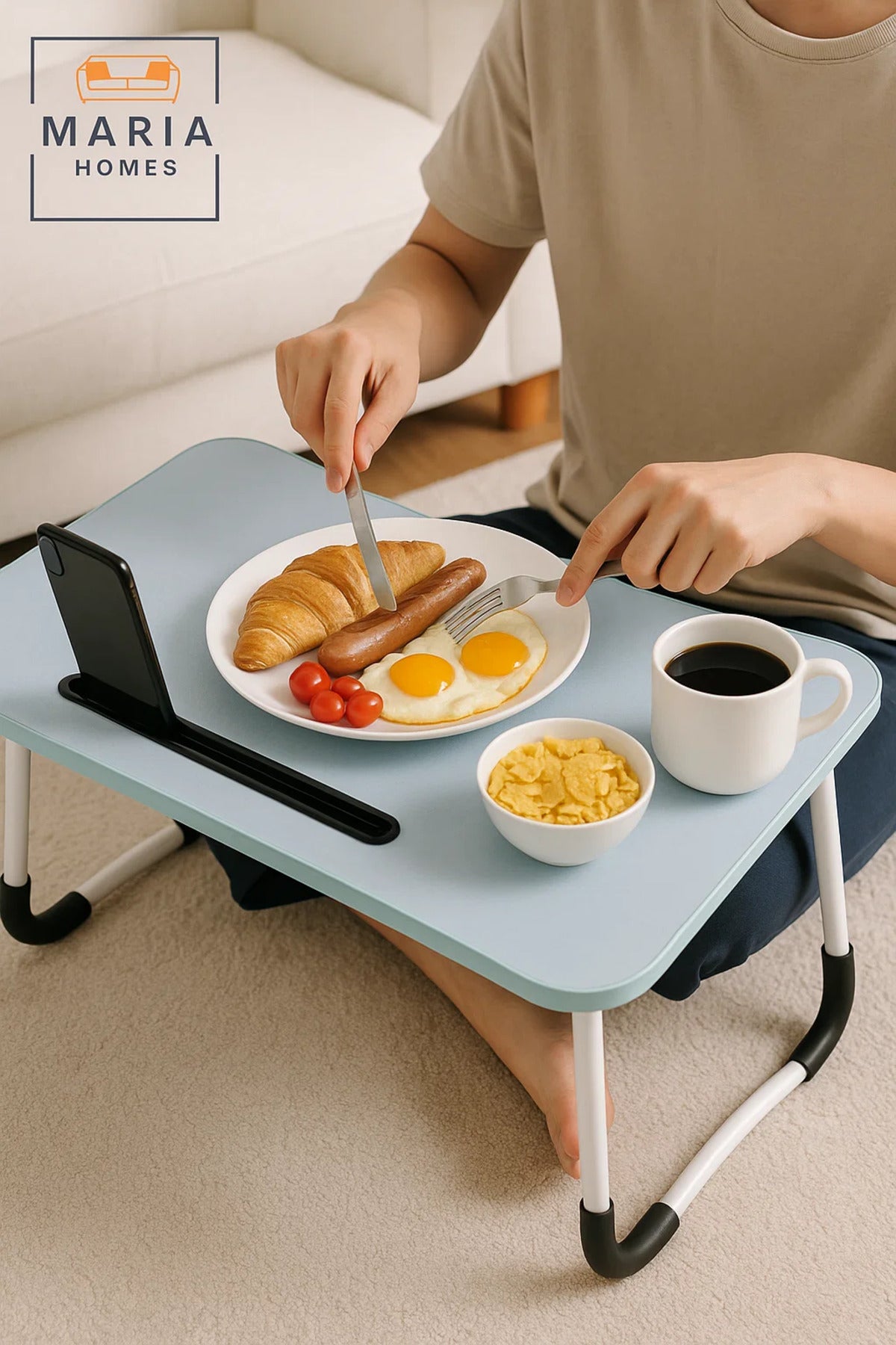 Portable Blue Foldable Laptop Table for Bed and Sofa with Tablet Slot