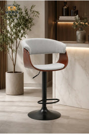 Modern Adjustable Bar Stool with Upholstered Seat, Curved Backrest and Wood Accent Frame