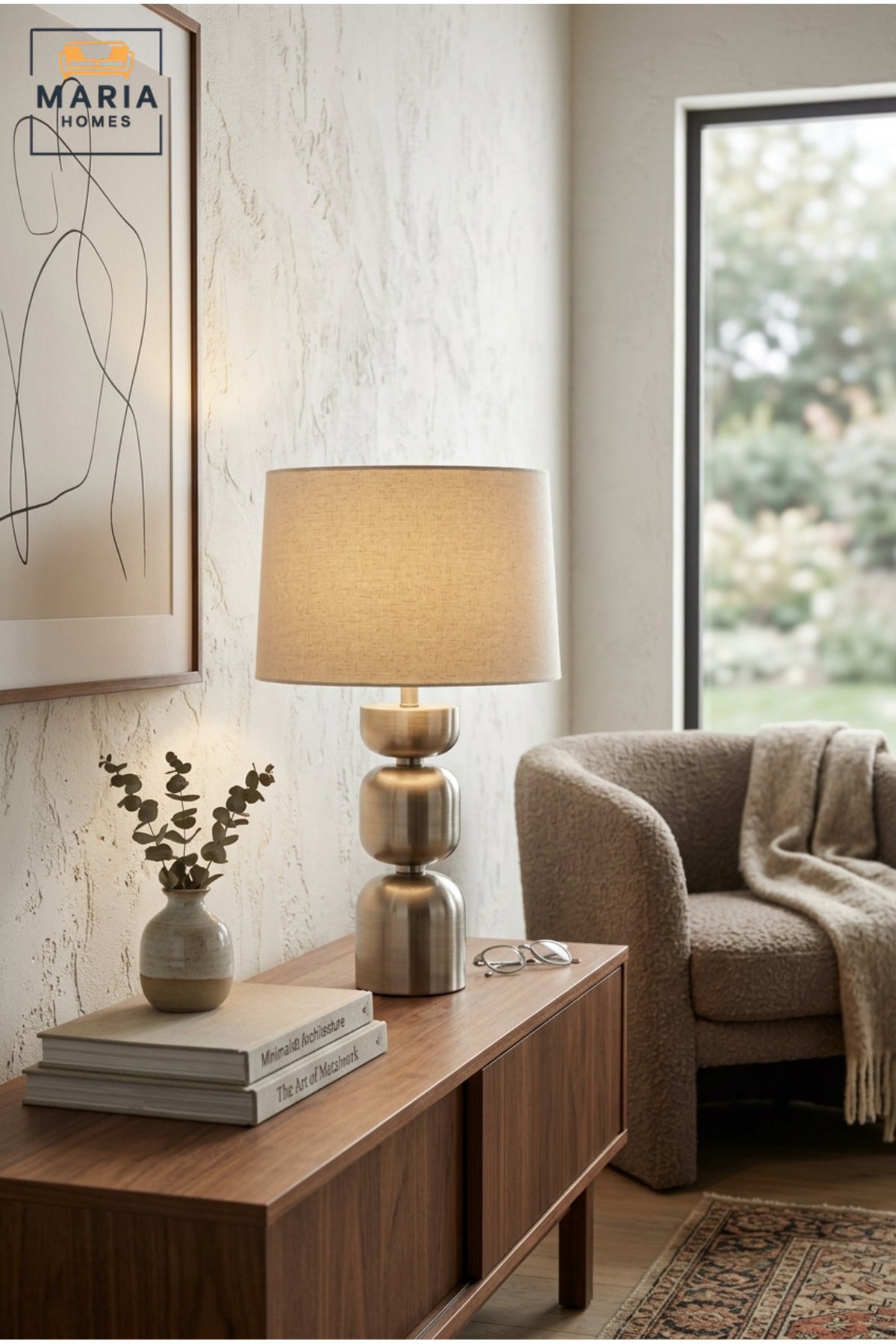 Modern Silver Table Lamp with Stacked Geometric Base and Fabric Shade Decorative Bedside Light for Bedroom Living Room Office and Hotel Décor