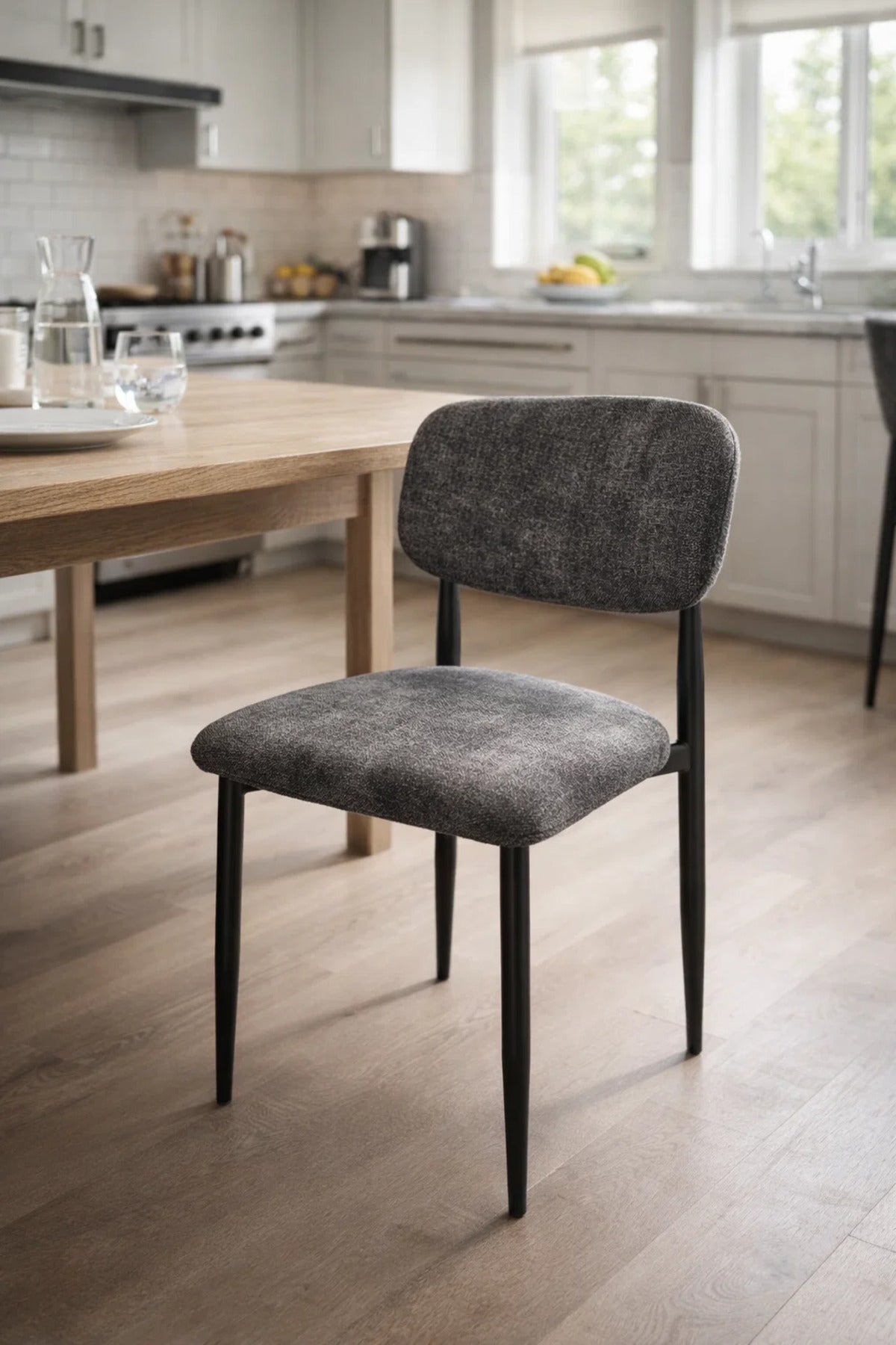 Dark Brown Upholstered Dining Chair with Black Legs Modern Fabric Dining Chair