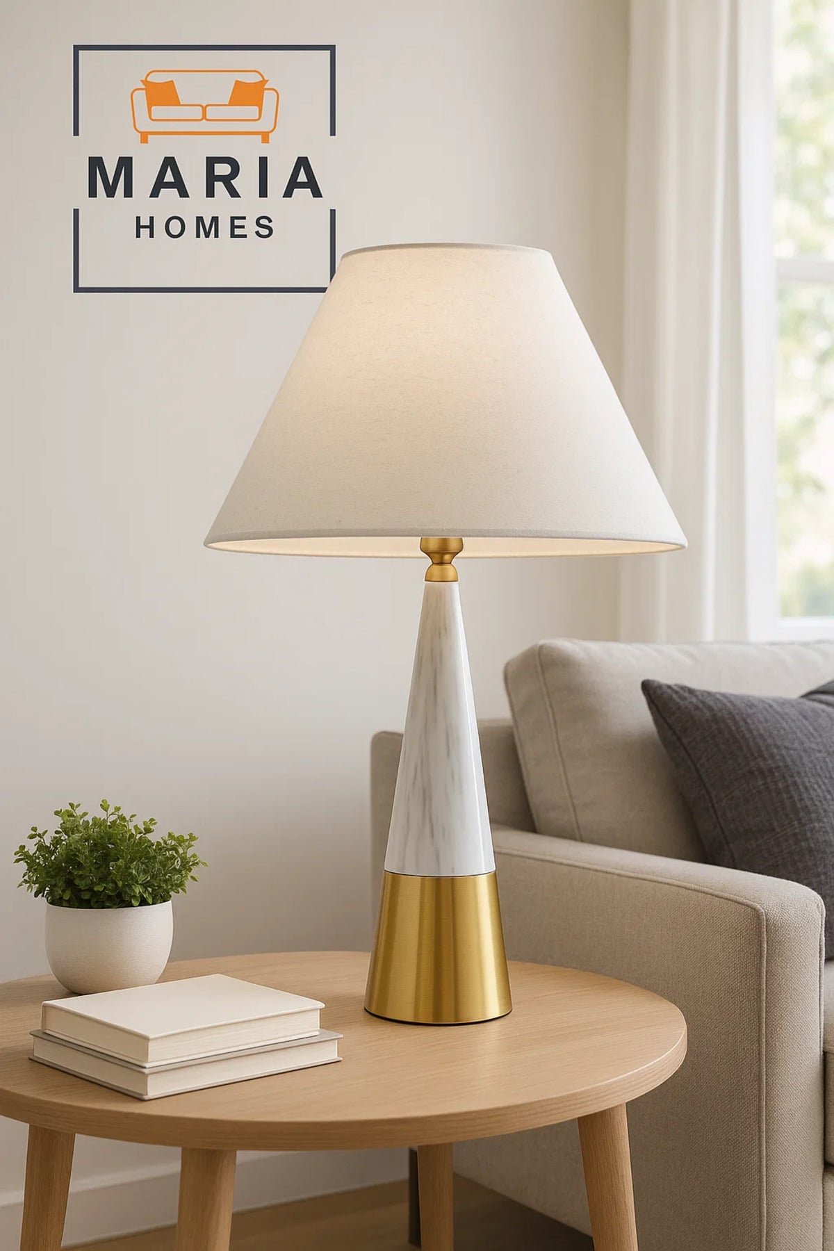 Cone-Shaped Marble and Gold Table Lamp