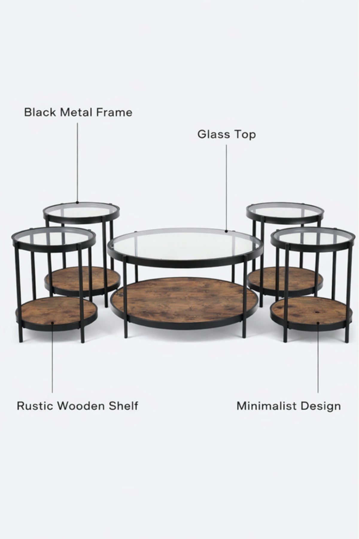 Brown A 1+4 Coffee Table Set √ê Elegant Glass and Wood Design with 1 Large and 4 Side Tables