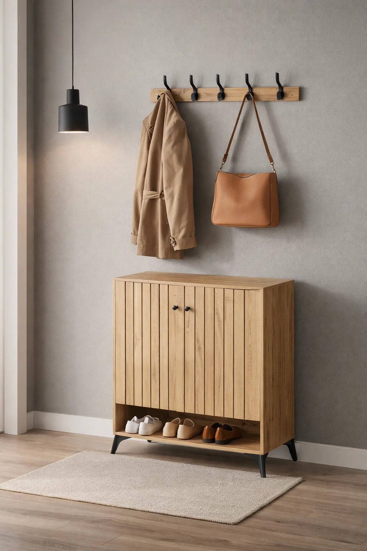 Modern Oak Wood Shoe Cabinet Storage Rack with Slatted Doors and Open Shelf for Home Hallway