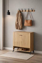 Modern Oak Wood Shoe Cabinet Storage Rack with Slatted Doors and Open Shelf for Home Hallway