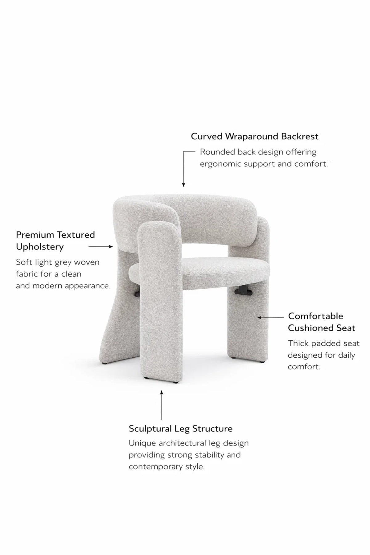 Modern Light Grey Upholstered Accent Chair with Rounded Back for Living Room Bedroom and Lounge
