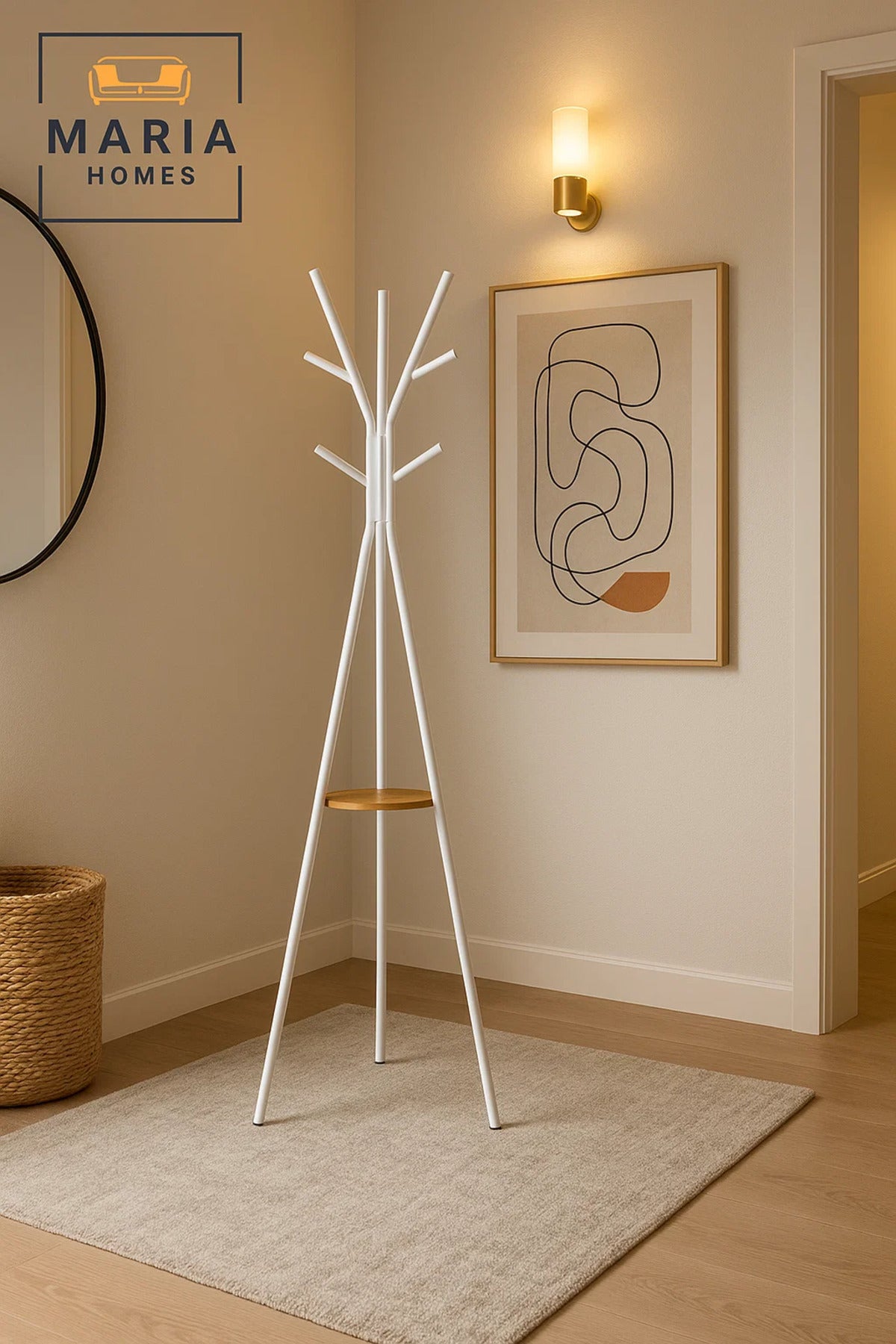 White Tripod Metal Coat Rack with Wooden Shelf