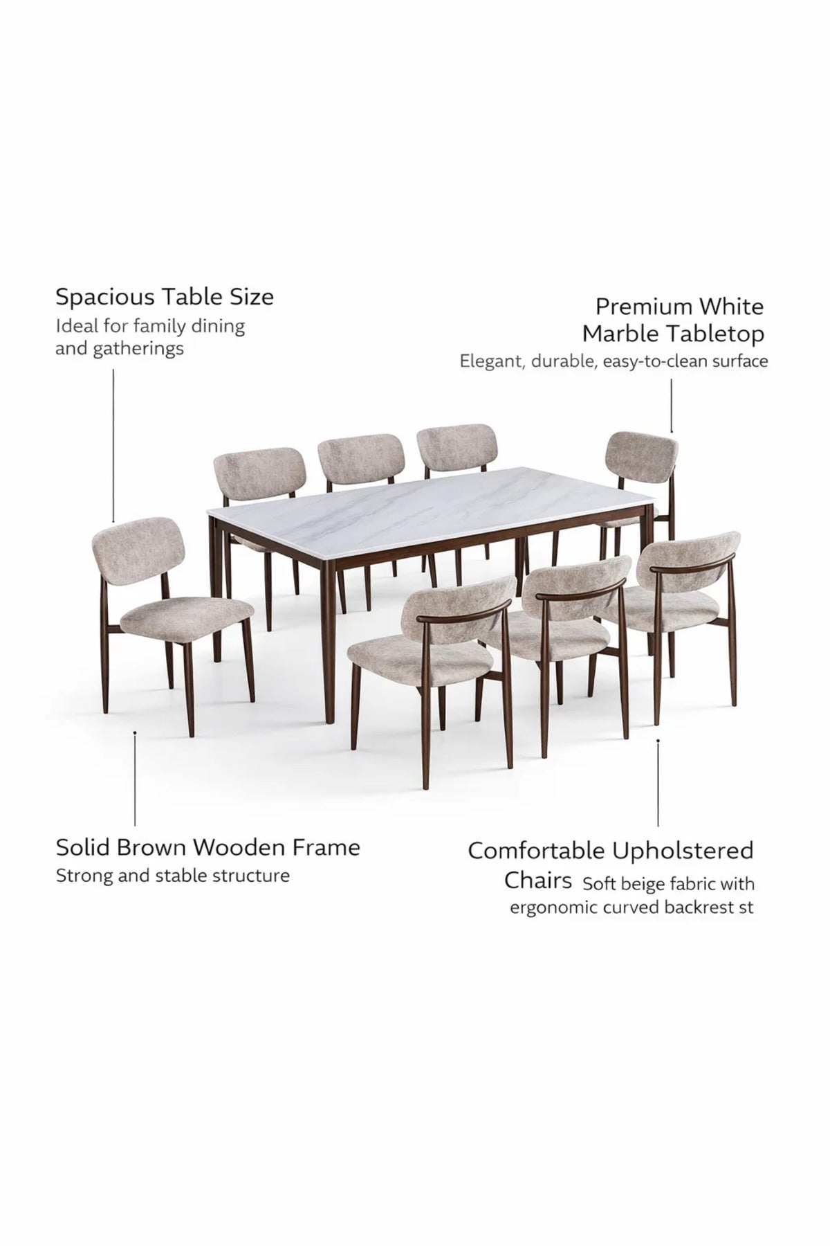 Elegant 8-Person Dining Table Set White Marble Pattern Top with Beige Fabric Wooden Chairs