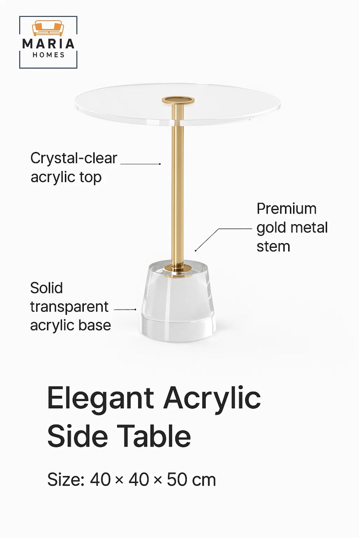 Modern Acrylic Round Side Table 40_40_50 cm with Gold Metal Support Clear Crystal Base