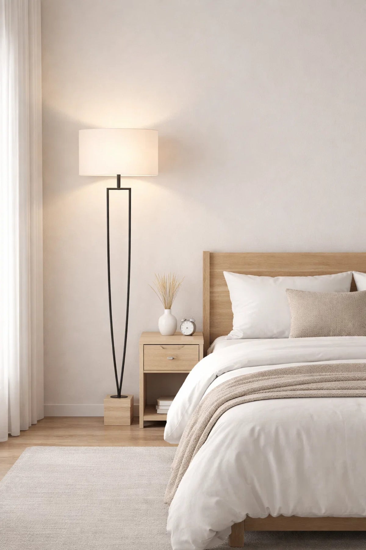 Modern Floor Lamp with Fabric Shade and Decorative Stone Base for Living Room