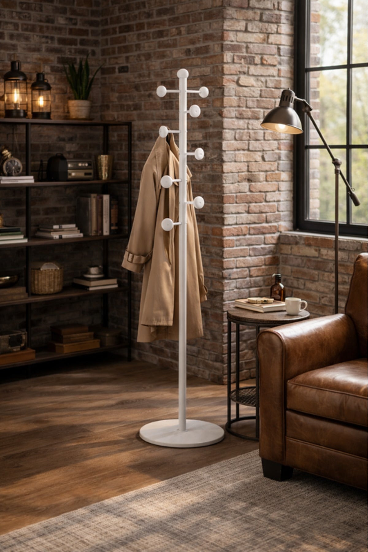 Modern White Metal Coat Rack Stand Hall Tree Organizer with Hooks for Entryway Bedroom Office Home