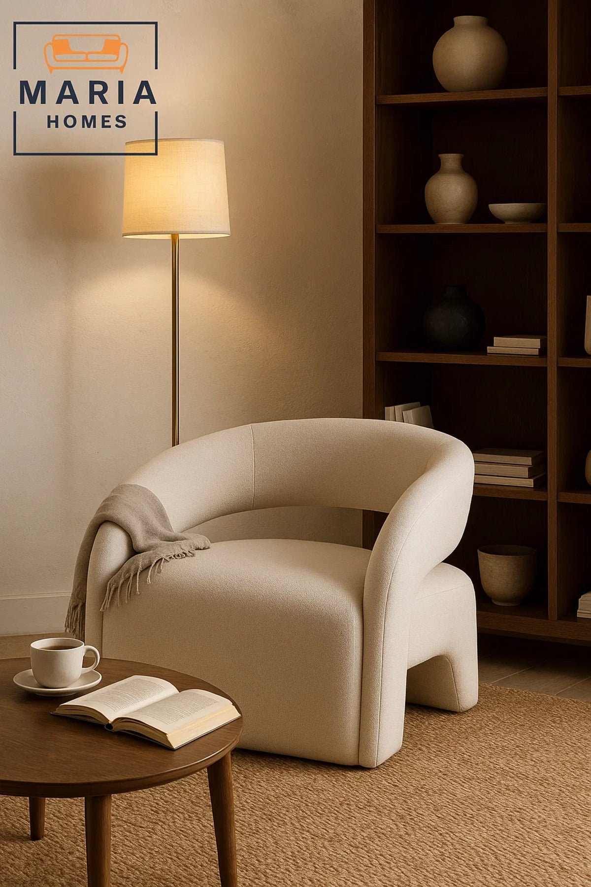 Curved Accent Chair Boucle Fabric Upholstery color Beige Modern Armless Lounge Chair for Living Room