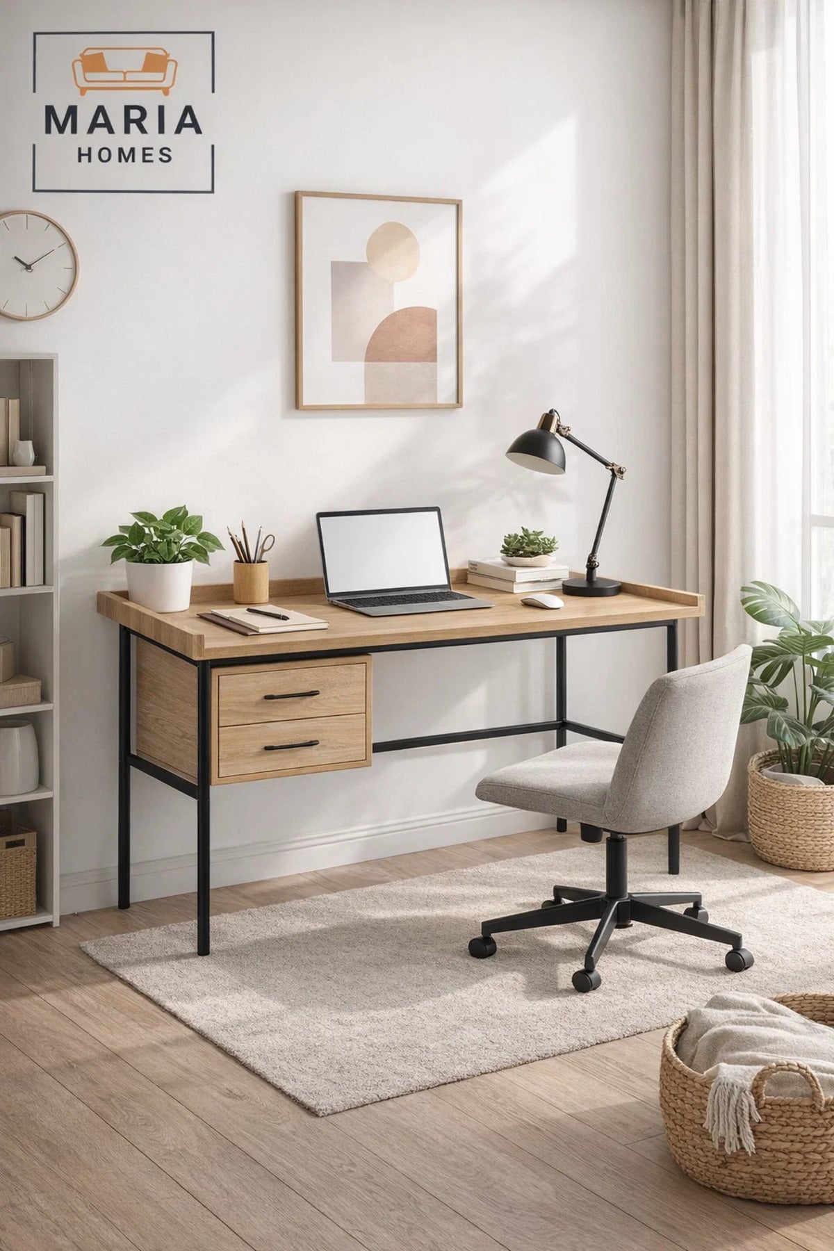 Light Wood Office Desk 120_60_79 cm √ê Modern Work Desk with Storage Drawers