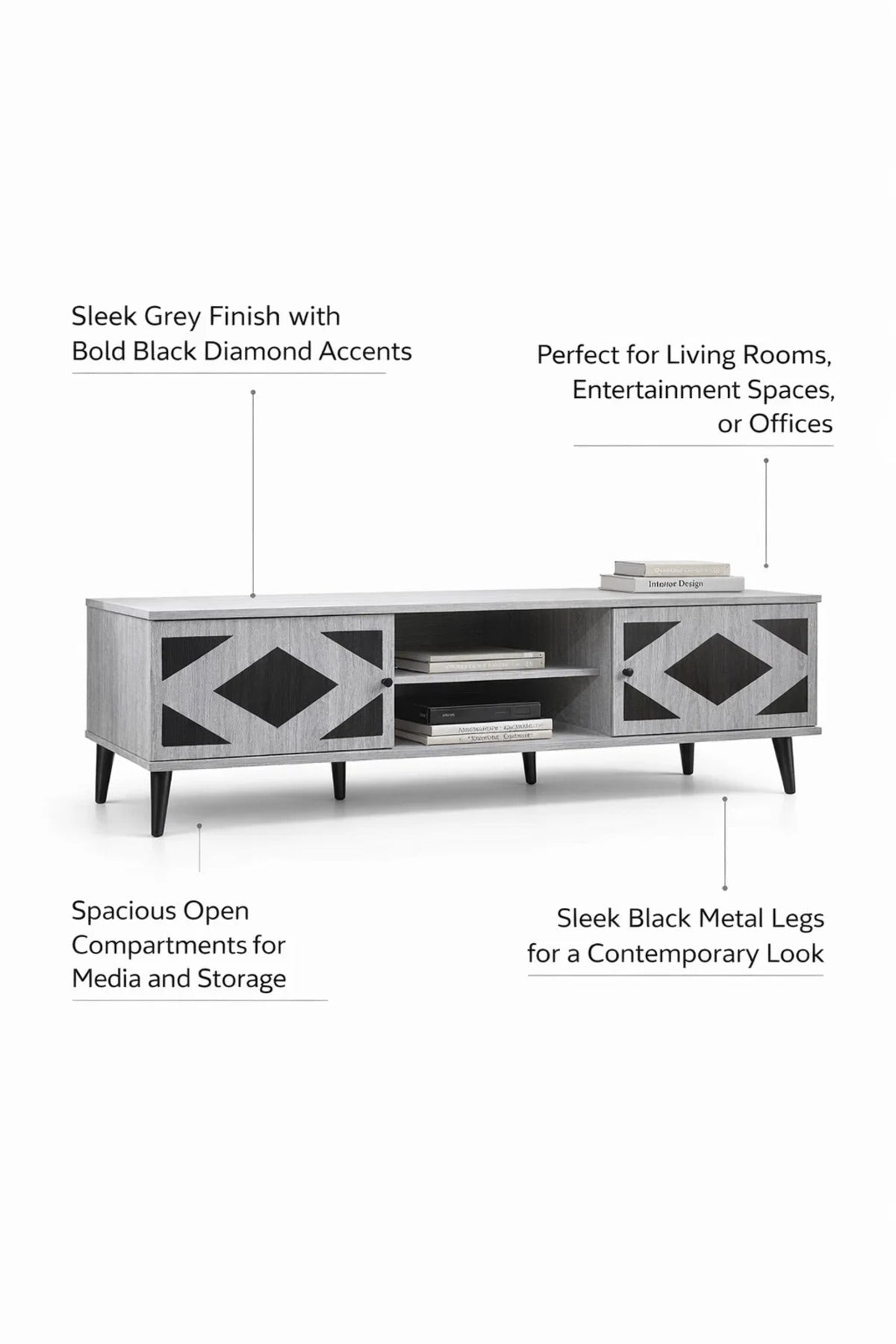 Modern Grey Wooden TV Stand Media Console 160cm with Storage Cabinets for Living Room Area