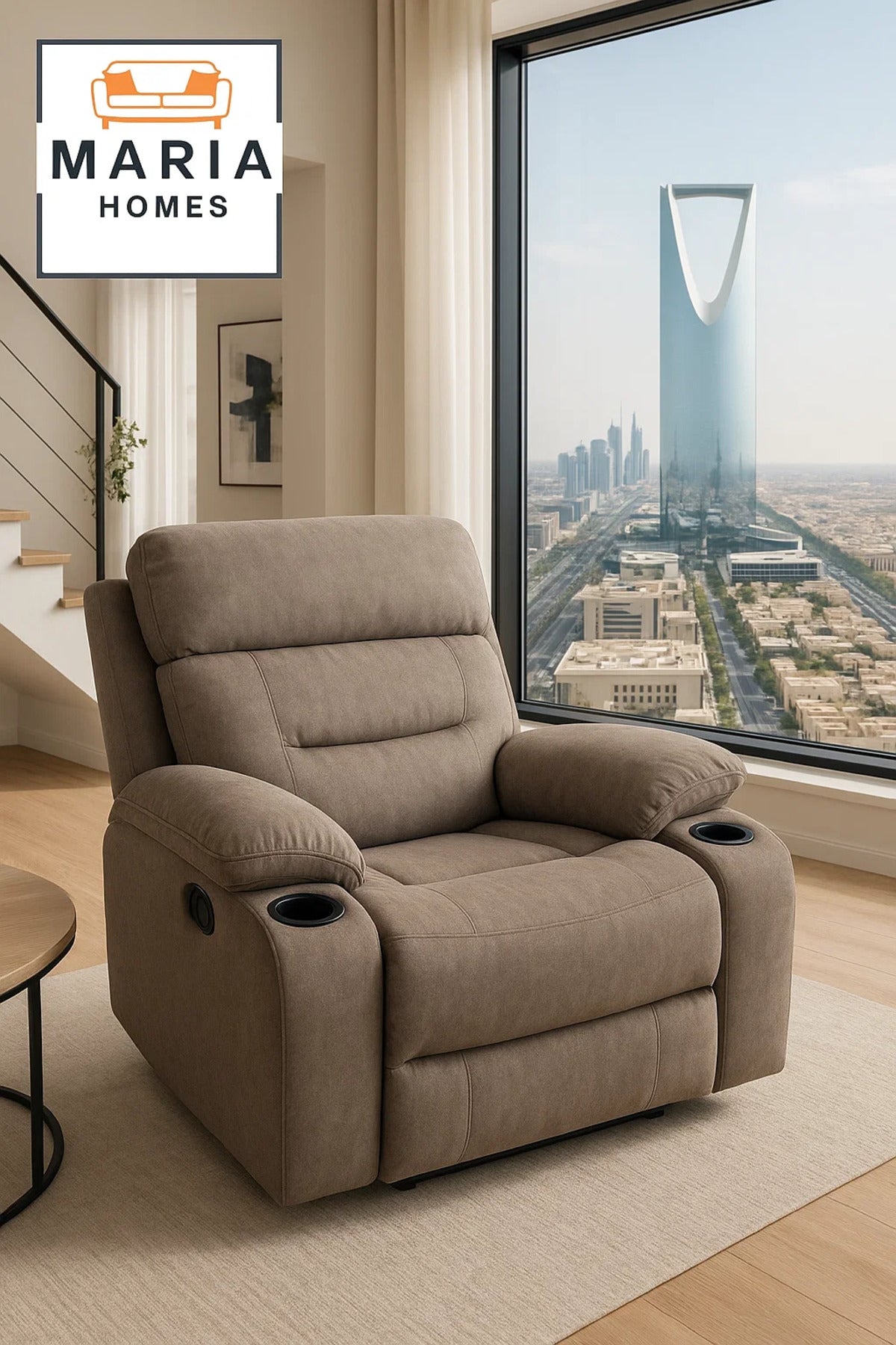 Brown Recliner Armchair with Dual Cup Holders Ð Comfortable Fabric Lounge Chair for Living Room