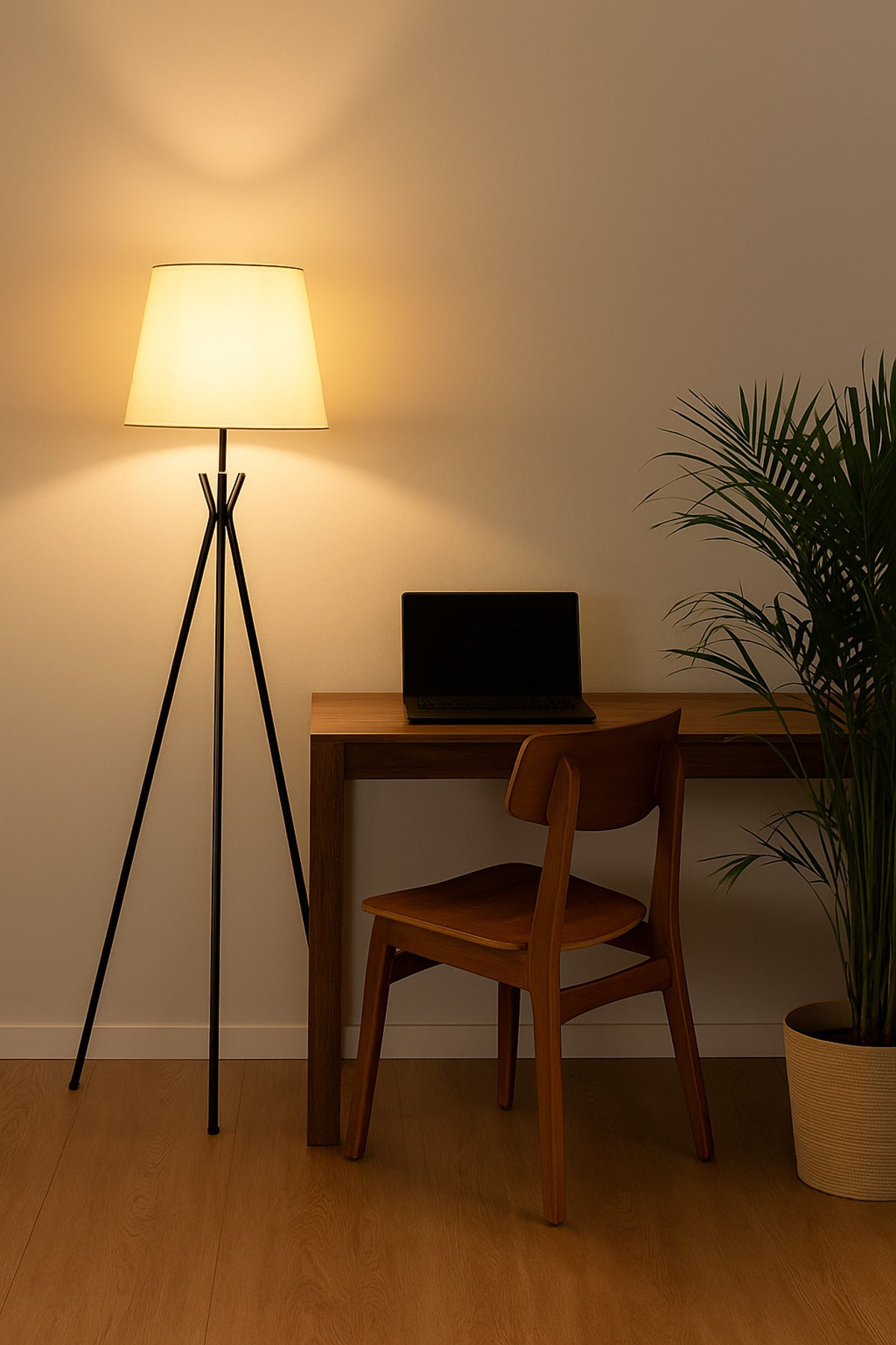 Modern Tripod Floor Lamp Ð Black Metal Stand with Beige Fabric Shade for Living Room & Bedroom