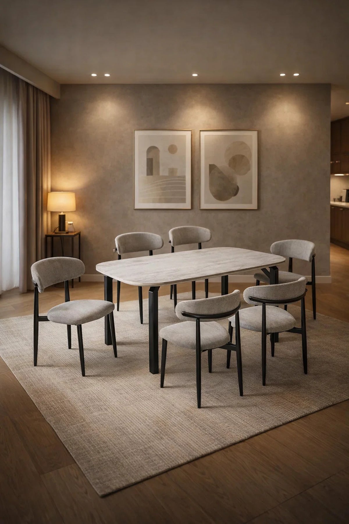 Grey Marble-Look Dining Table Set with 6 Chairs √ê 180_100cm
