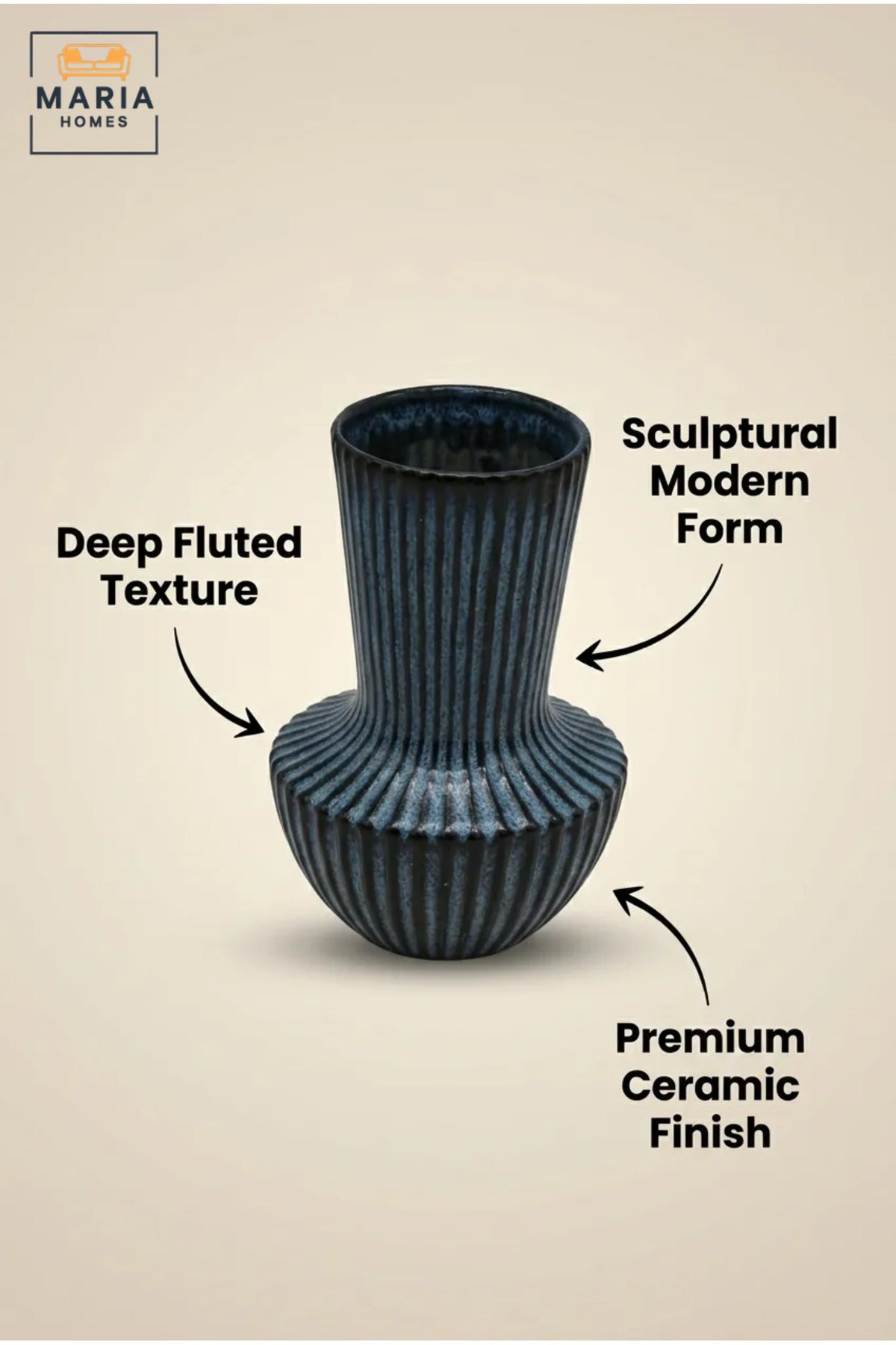 Blue Ribbed Decorative Vase, Modern Fluted Flower Holder with Tall Neck and Rounded Base for Living Room, Bedroom, Office, Shelf and Table Décor
