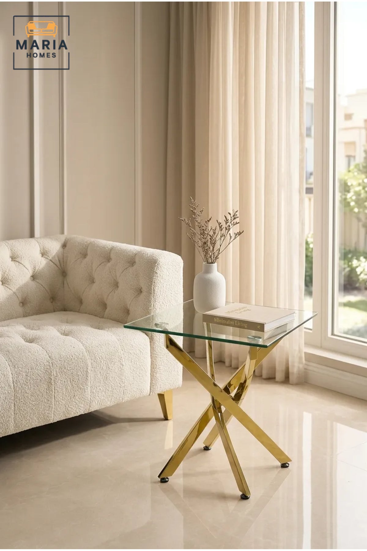 Modern Gold Glass Side Table √ê Square Tempered Glass End Table with Gold Metal Cross Base for Living Room, Bedroom & Lounge