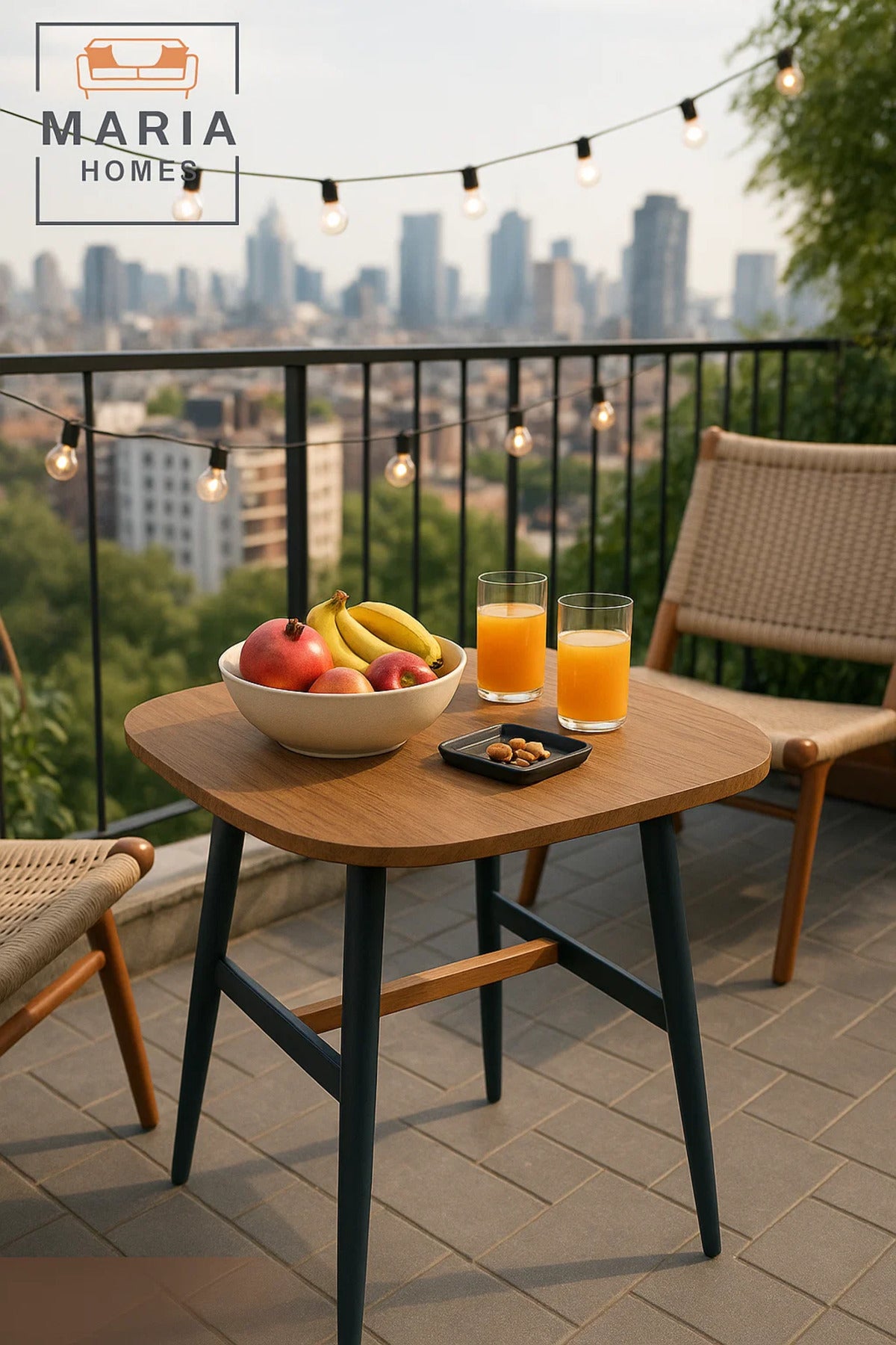 Square Wooden Table with Black Legs and Natural Crossbar Accent